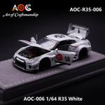 Lot57Supplies Diecast Shop 1:64 scale white AOC Modified R35 LBWK #58 diecast model car with opening doors and hood