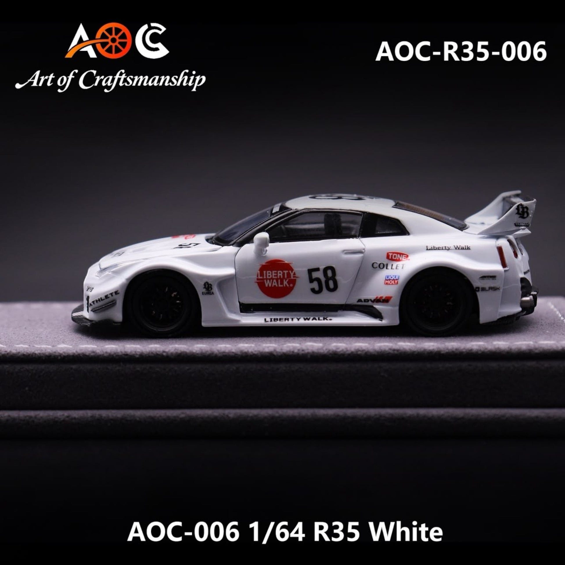 Lot57Supplies Diecast Shop 1:64 scale AOC white LBWK modified R35 diecast model car with #58 racing livery