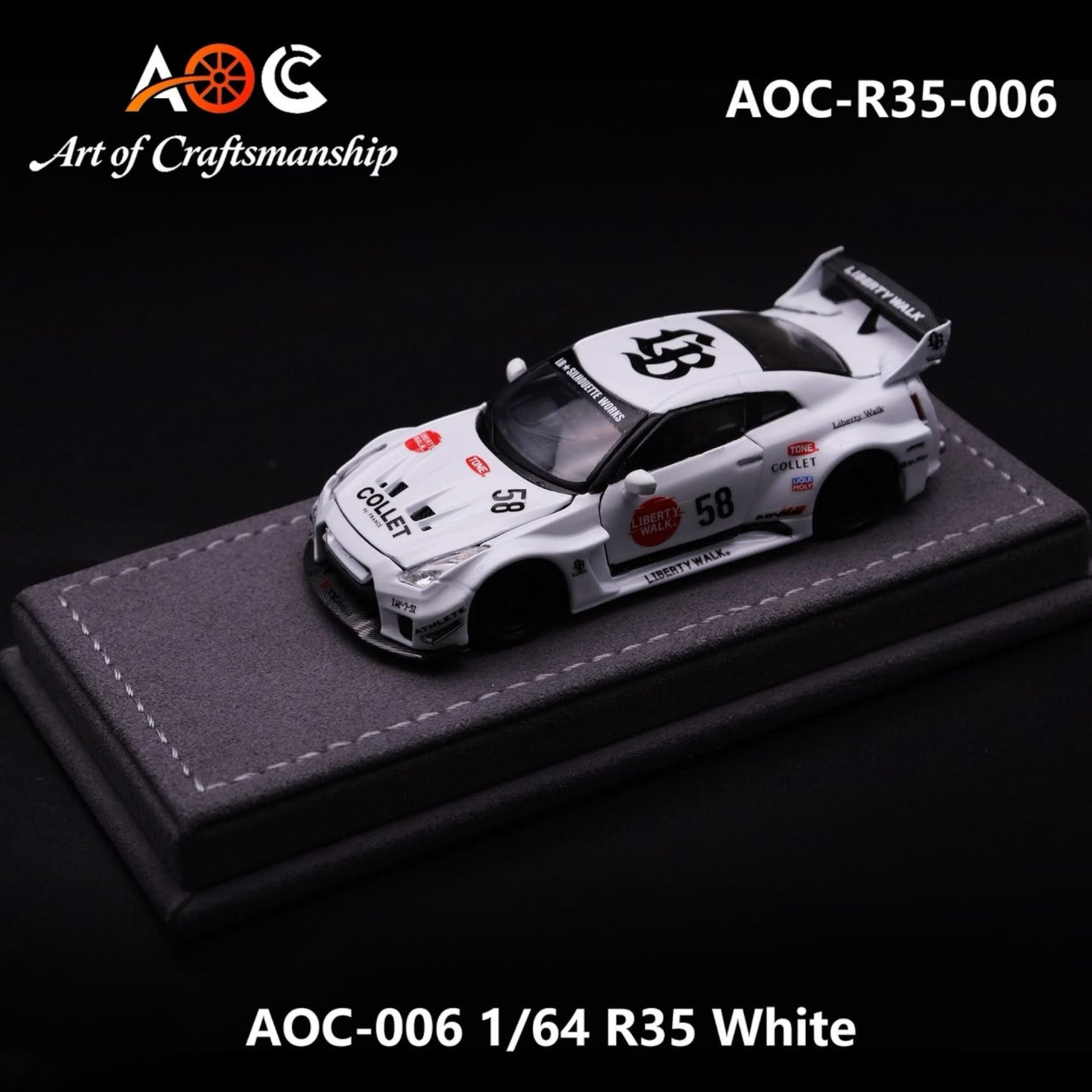 Lot57Supplies Diecast Shop 1:64 scale AOC white modified R35 LBWK #58 diecast model car on a grey display base
