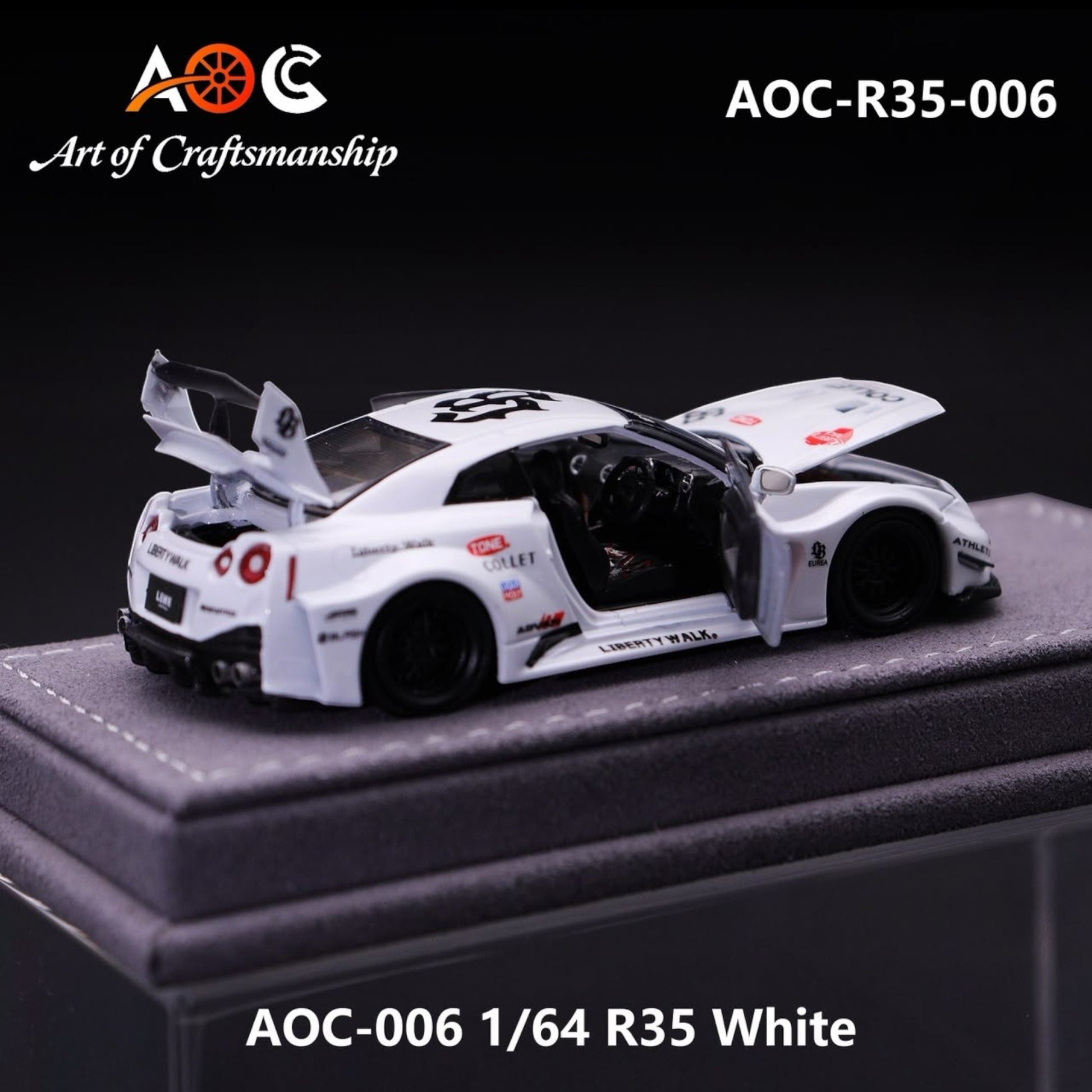 Lot57Supplies Diecast Shop 1:64 scale AOC white LBWK modified R35 diecast model car with open doors and hood