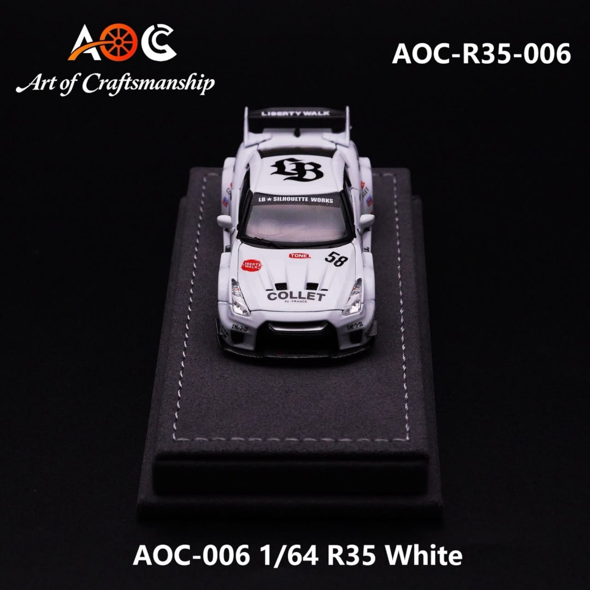 Lot57Supplies Diecast Shop 1:64 scale AOC white LBWK Modified R35 diecast model car on a display base