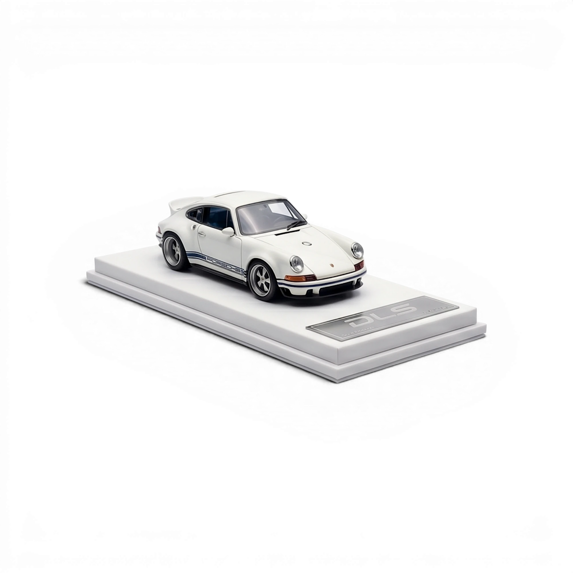 Lot57Supplies Diecast Shop white and dark blue 1:64 scale resin model of a Singer DLS car with blue racing stripes on a white display base.