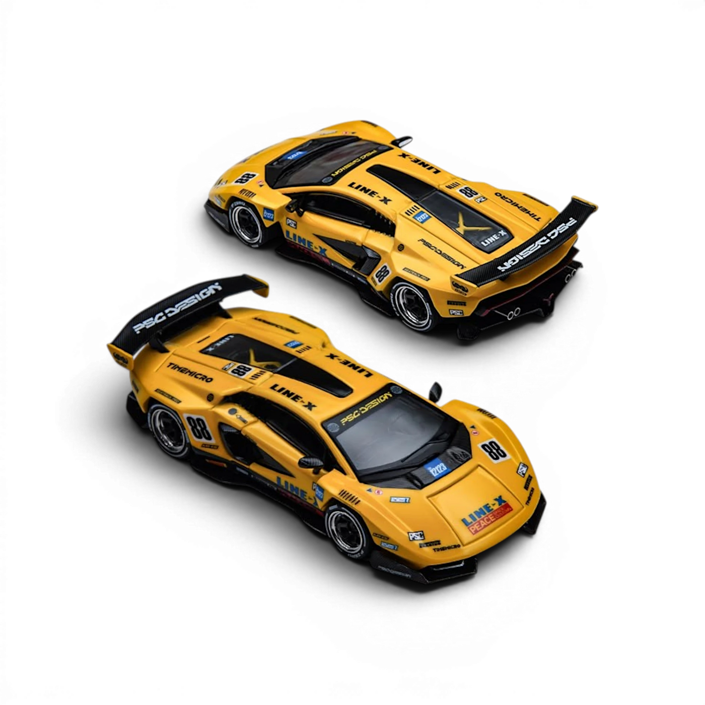 Two yellow TimeMicro × PSC DESIGN Countach V GT Tribute 1:64 scale diecast race cars with racing decals