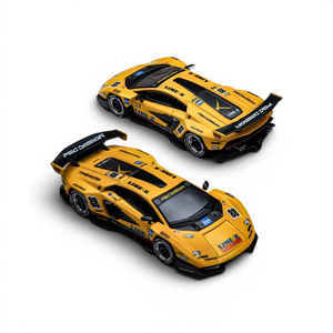 Two yellow TimeMicro × PSC DESIGN Countach V GT Tribute 1:64 scale diecast race cars with racing decals