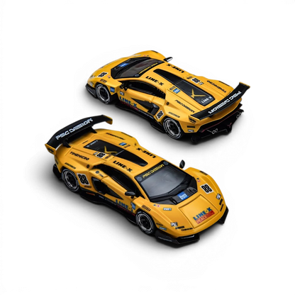 Two yellow TimeMicro × PSC DESIGN Countach V GT Tribute 1:64 scale diecast race cars with racing decals