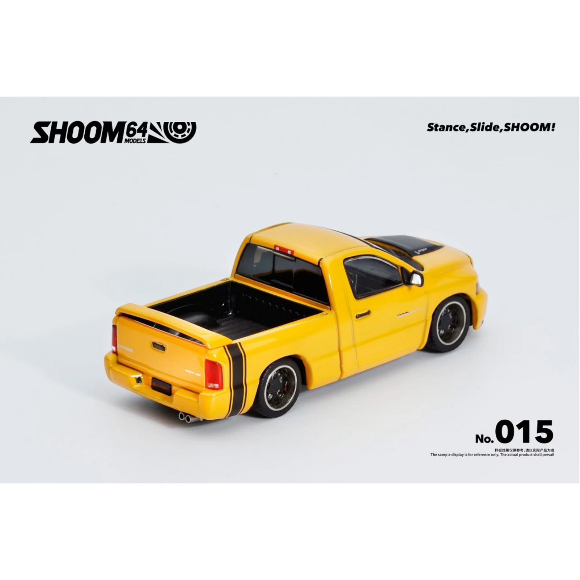 Lot57Supplies Diecast Shop SHOOM64 yellow Dodge RAM SRT-10 diecast model truck with black racing stripes