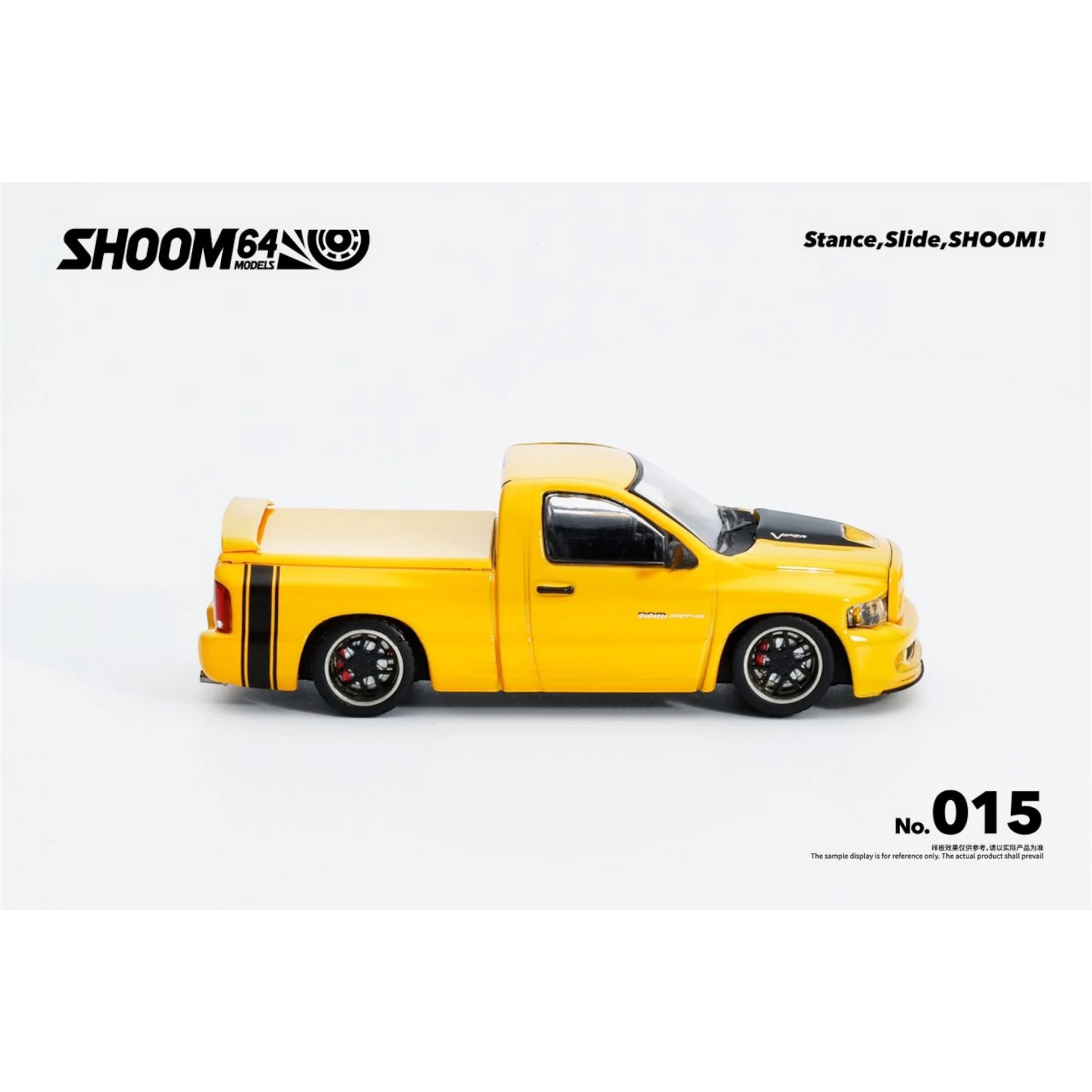 Lot57Supplies Diecast Shop SHOOM64 yellow Dodge RAM SRT-10 diecast model truck in 1:64 scale with black racing stripes
