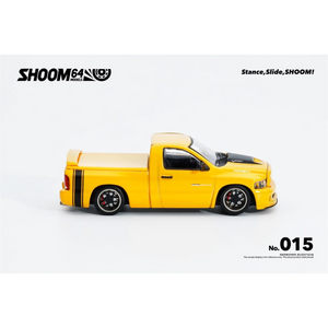 Lot57Supplies Diecast Shop SHOOM64 yellow Dodge RAM SRT-10 diecast model truck in 1:64 scale with black racing stripes