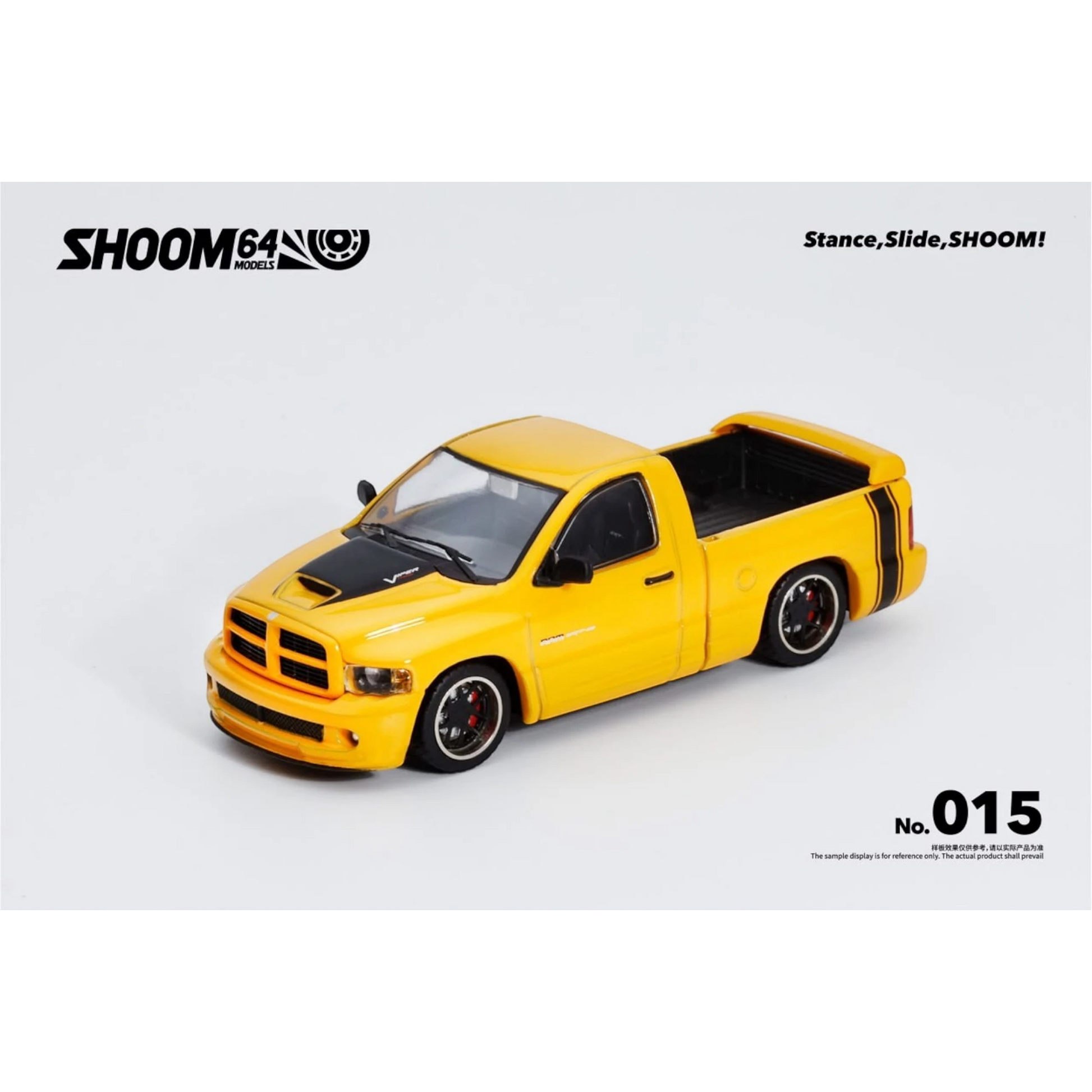 Lot57Supplies Diecast Shop SHOOM64 1:64 scale yellow Dodge RAM SRT-10 diecast model truck with black racing stripes