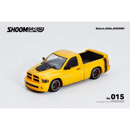 Lot57Supplies Diecast Shop SHOOM64 1:64 scale yellow Dodge RAM SRT-10 diecast model truck with black racing stripes