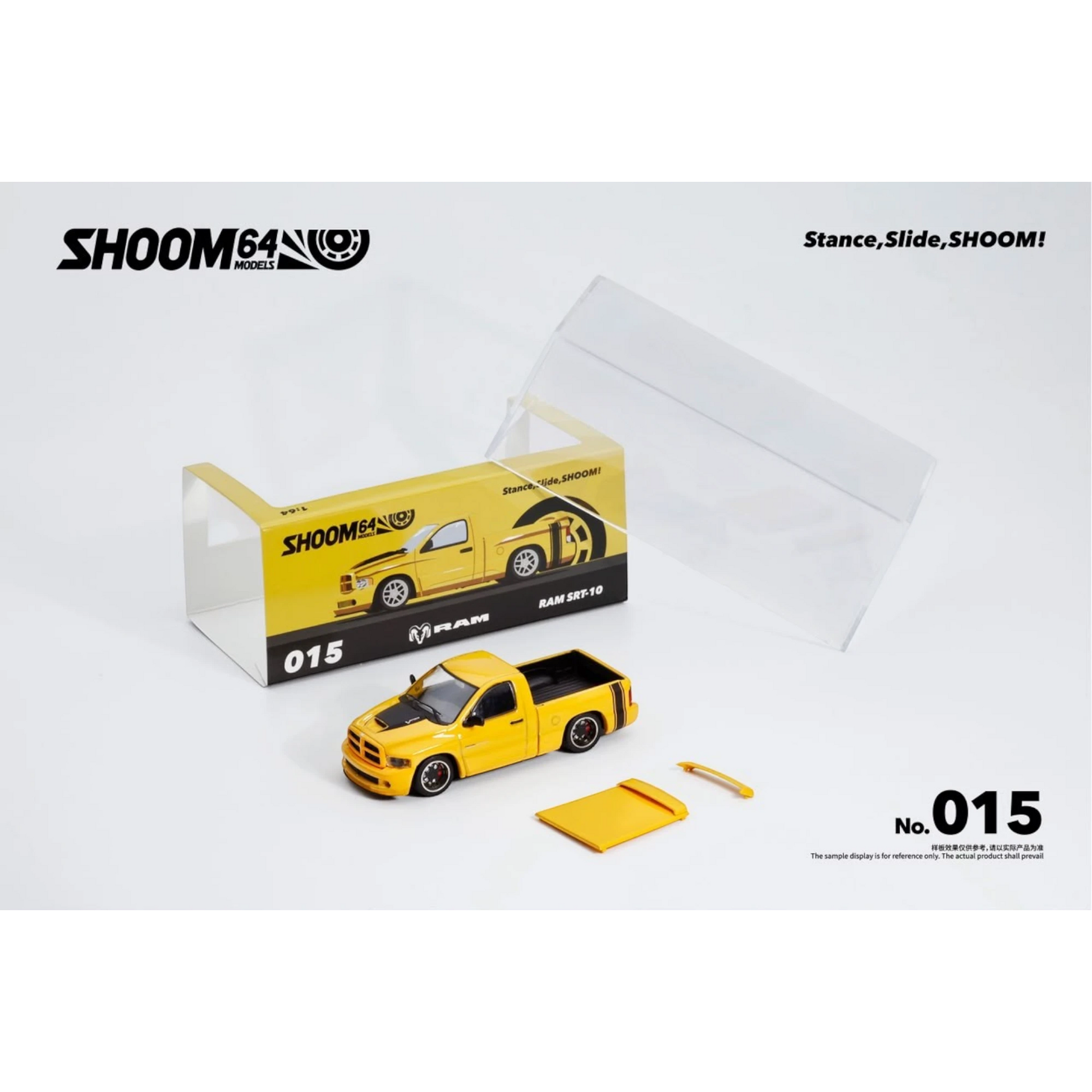 Lot57Supplies Diecast Shop SHOOM64 yellow Dodge RAM SRT-10 1:64 scale diecast model truck with display case