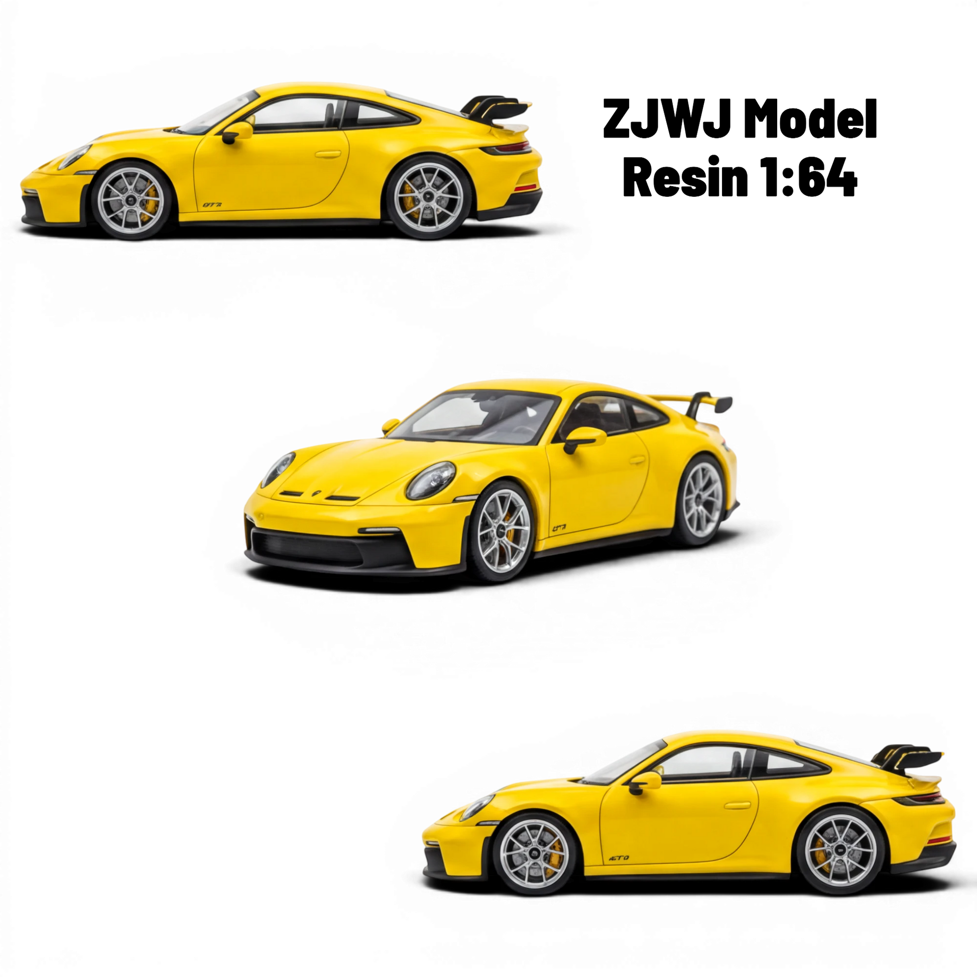 Lot57Supplies Diecast Shop yellow 1:64 scale resin Porsche 911 GT3 model with silver wheels and black spoiler.