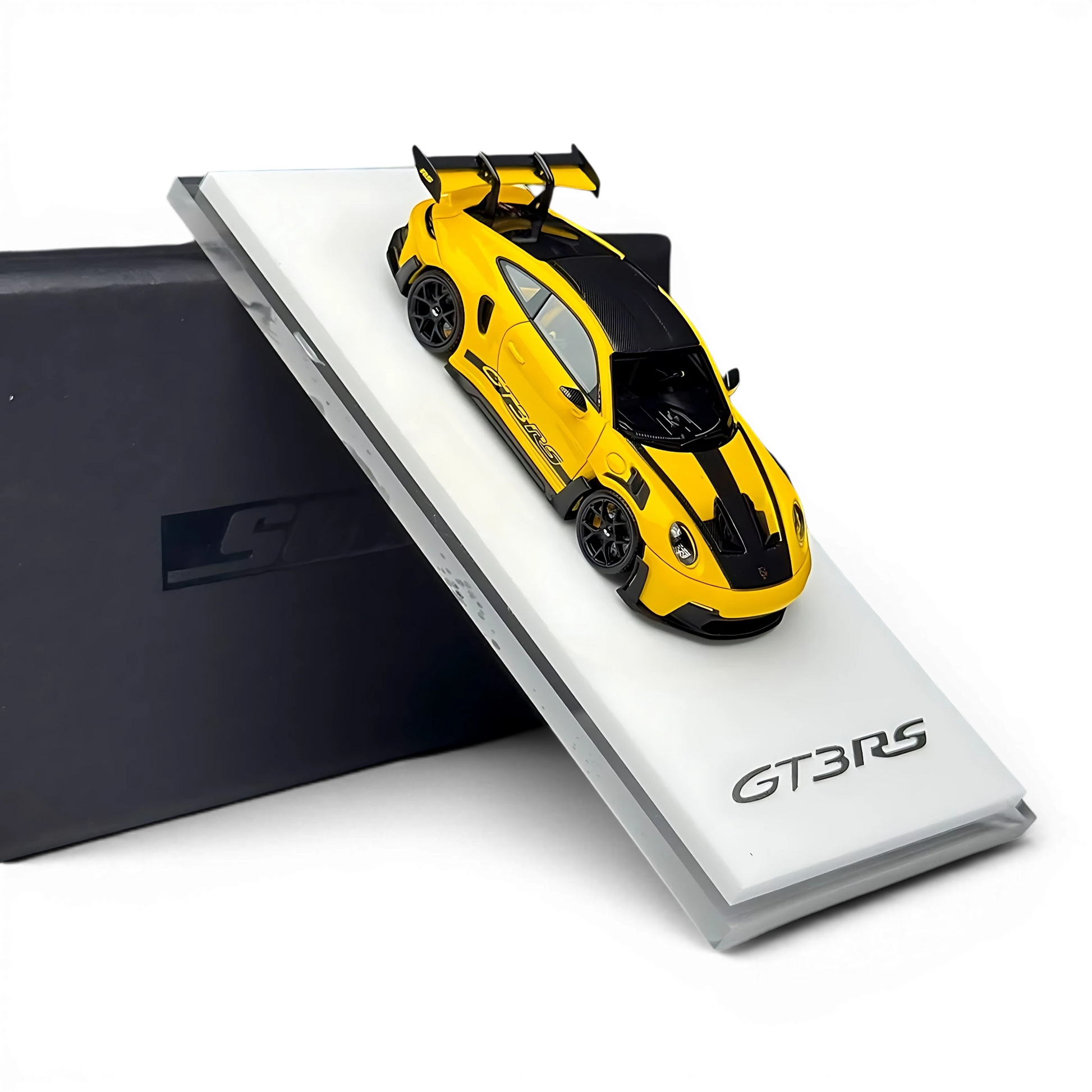 Lot57Supplies Diecast Shop SUHE Porsche 992 GT3 RS 1:64 scale diecast model car in yellow with black racing stripes