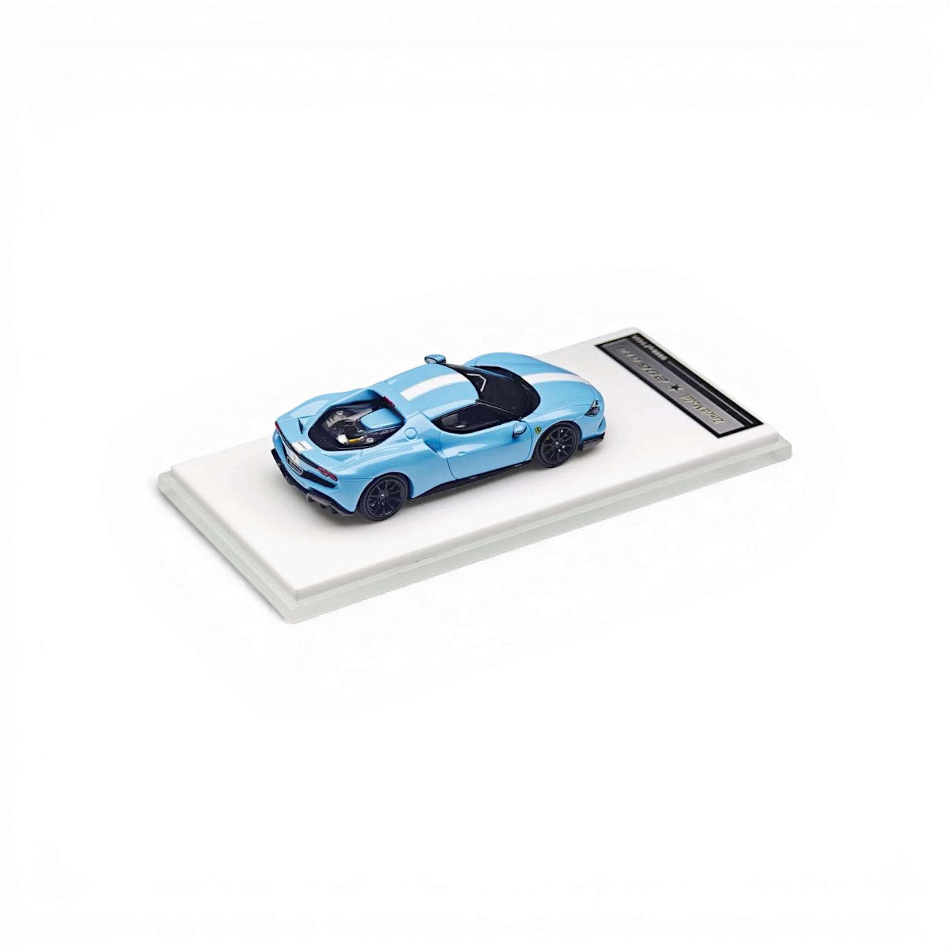 Lot57Supplies Diecast Shop 1:64 scale Zincit Model 296GTB diecast car in baby blue with white racing stripes.