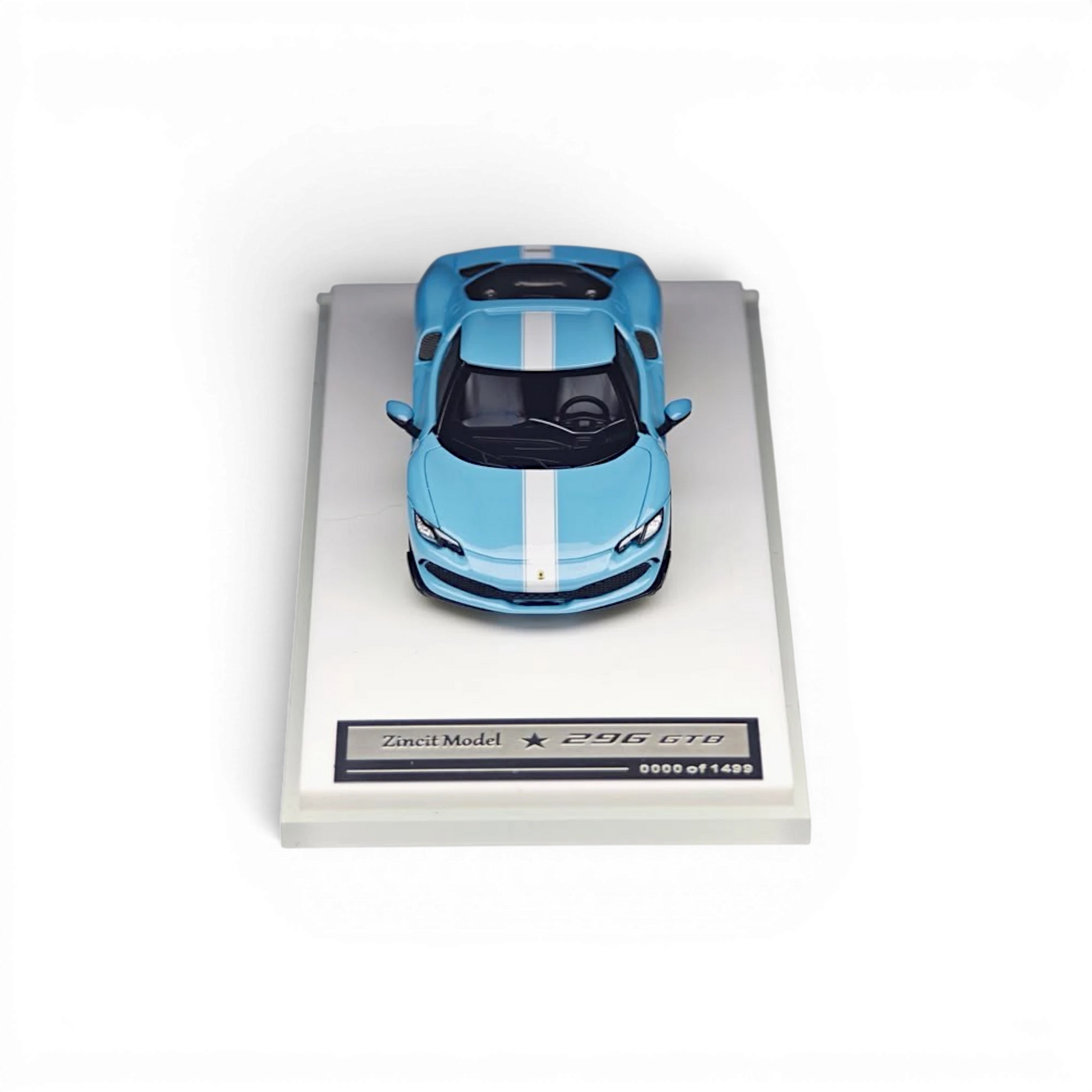 Lot57Supplies Diecast Shop Zincit Model 296GTB diecast car in baby blue with white racing stripes, 1:64 scale model.