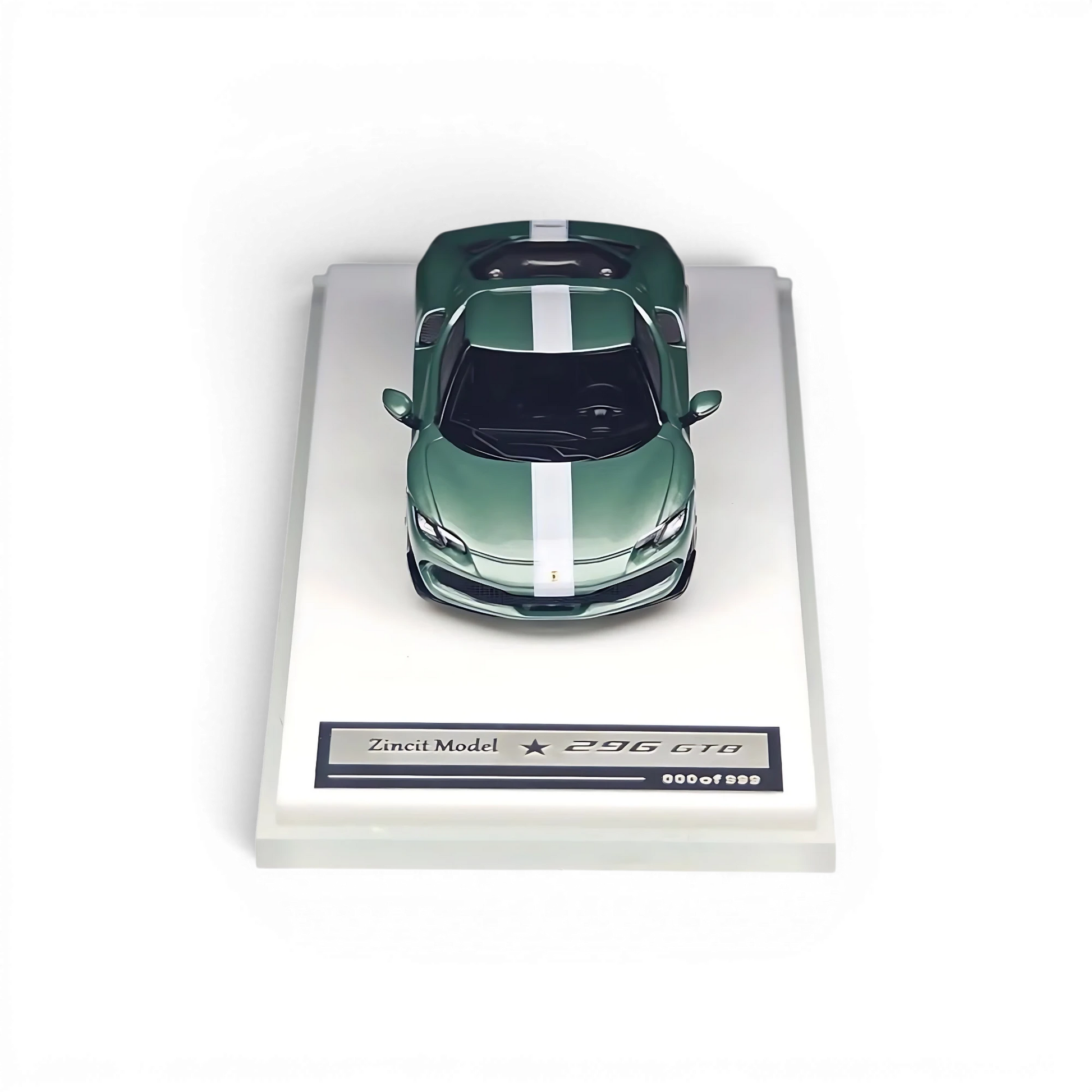 Lot57Supplies Diecast Shop Zincit Model 296GTB diecast car in British Green with white racing stripes, 1:64 scale.