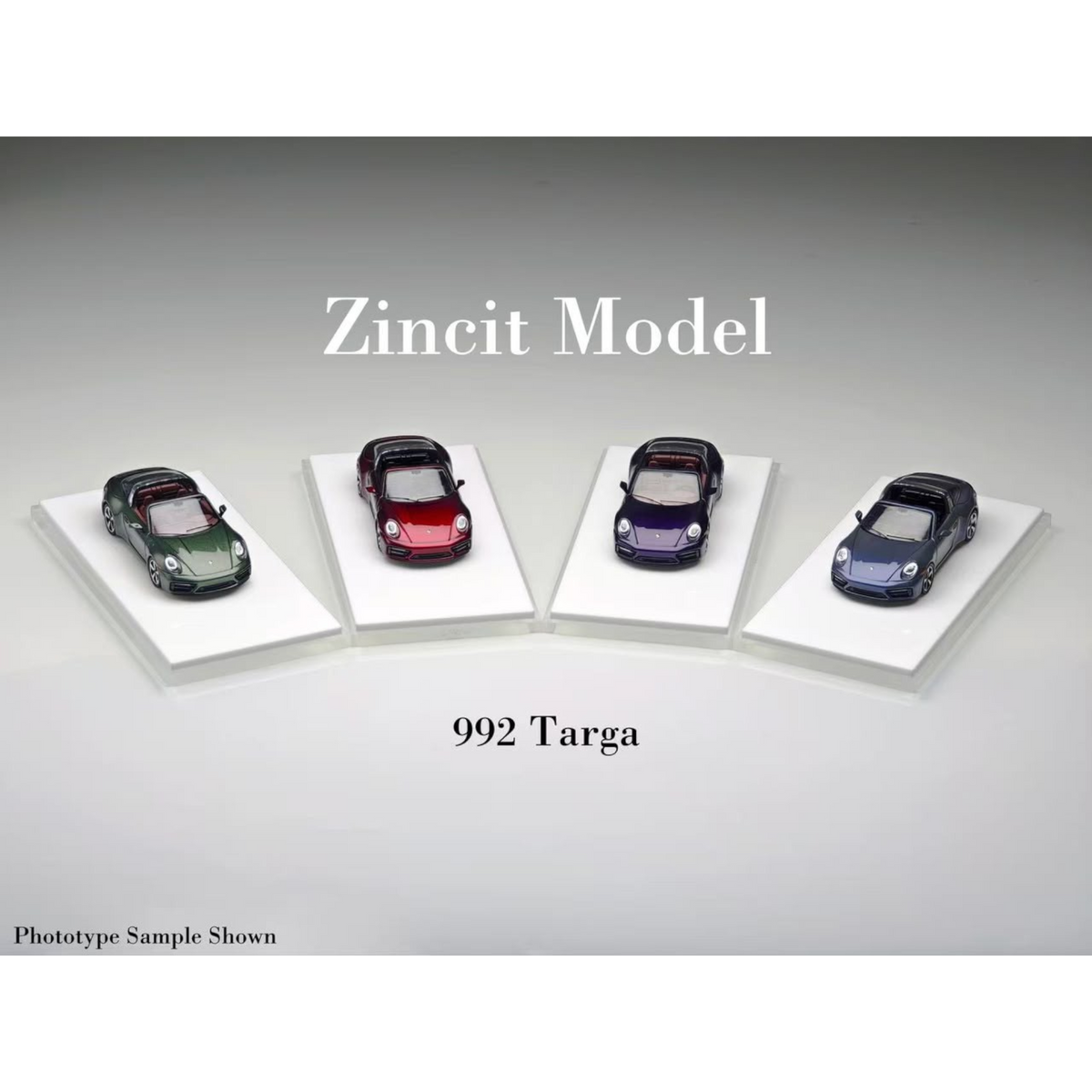 Lot57Supplies Diecast Shop Zincit Model 992 Targa 1:64 scale diecast cars in metallic purple, red, green, and blue.