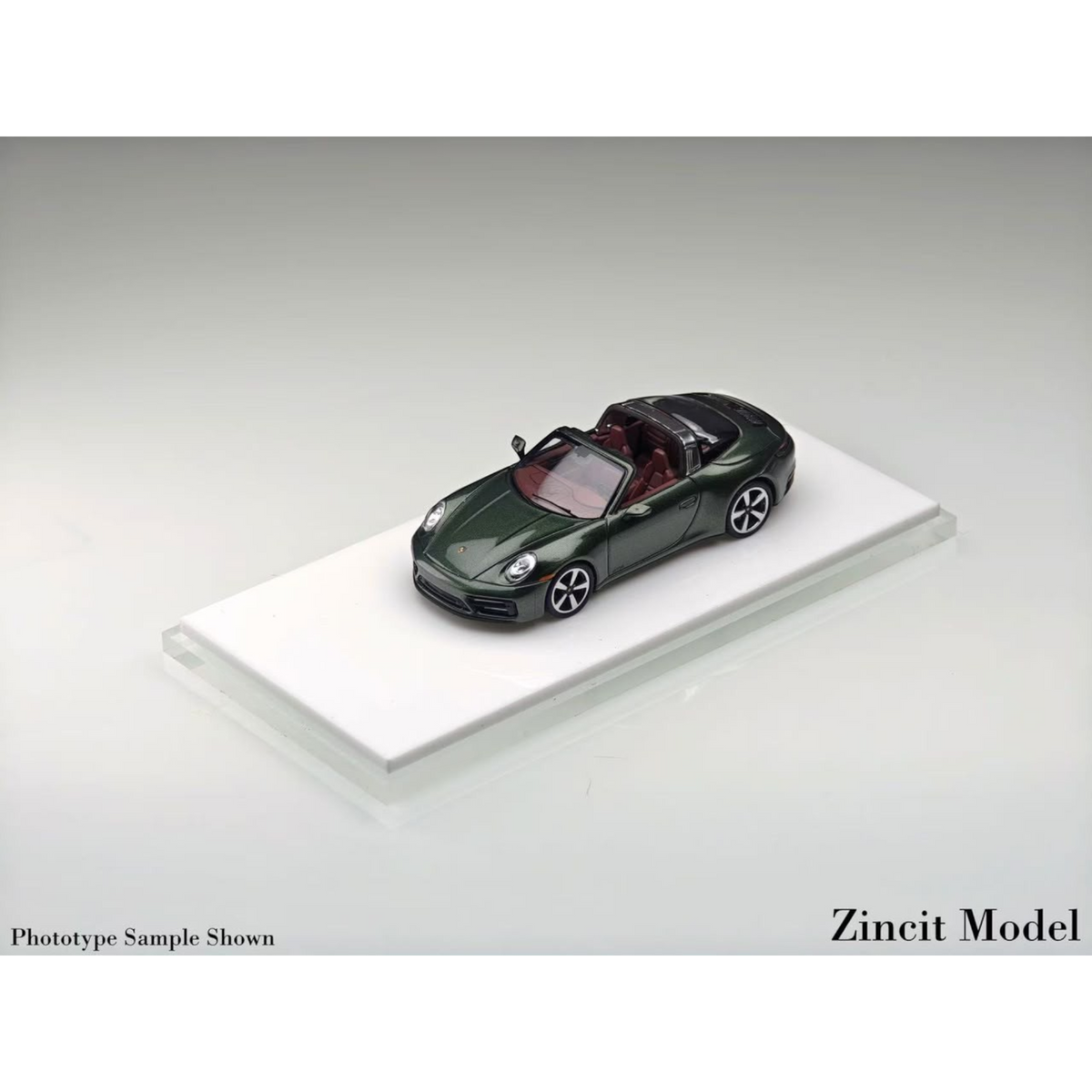 Lot57Supplies Diecast Shop Zincit Model 992Targa diecast car in oak green with red interior on a white display base