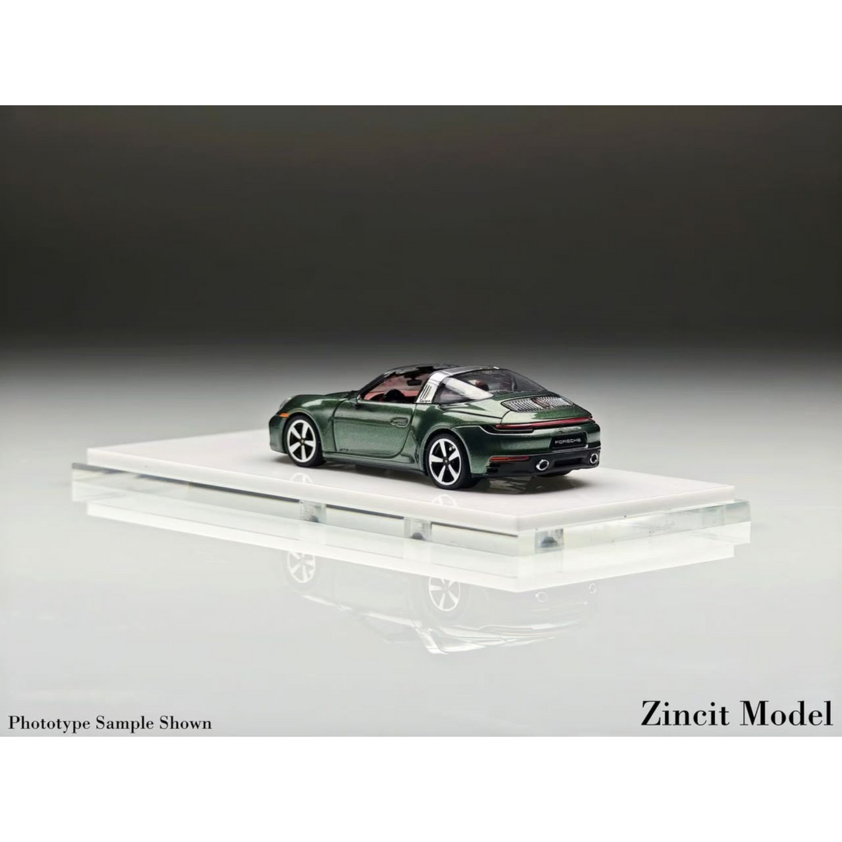 Lot57Supplies Diecast Shop Zincit Model 992Targa in oak green, a 1:64 scale diecast collectible car on a display base.