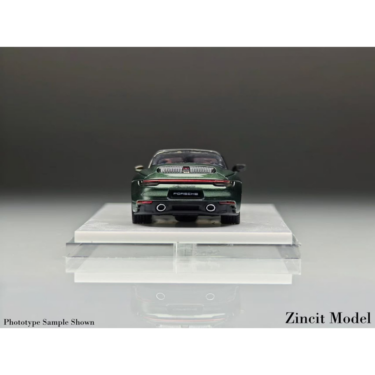 Lot57Supplies Diecast Shop Zincit Model 992Targa in oak green, 1:64 scale diecast car, rear view on display stand.