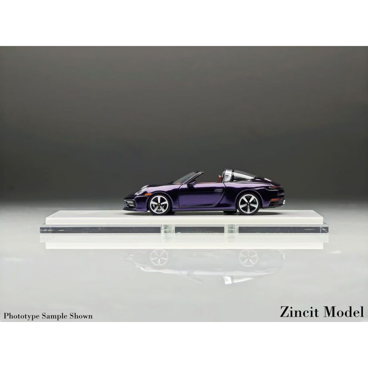Lot57Supplies Diecast Shop Zincit Model 992Targa diecast car in metallic purple, 1:64 scale side view on display base