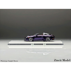 Lot57Supplies Diecast Shop Zincit Model 992Targa diecast car in metallic purple, 1:64 scale side view on display base