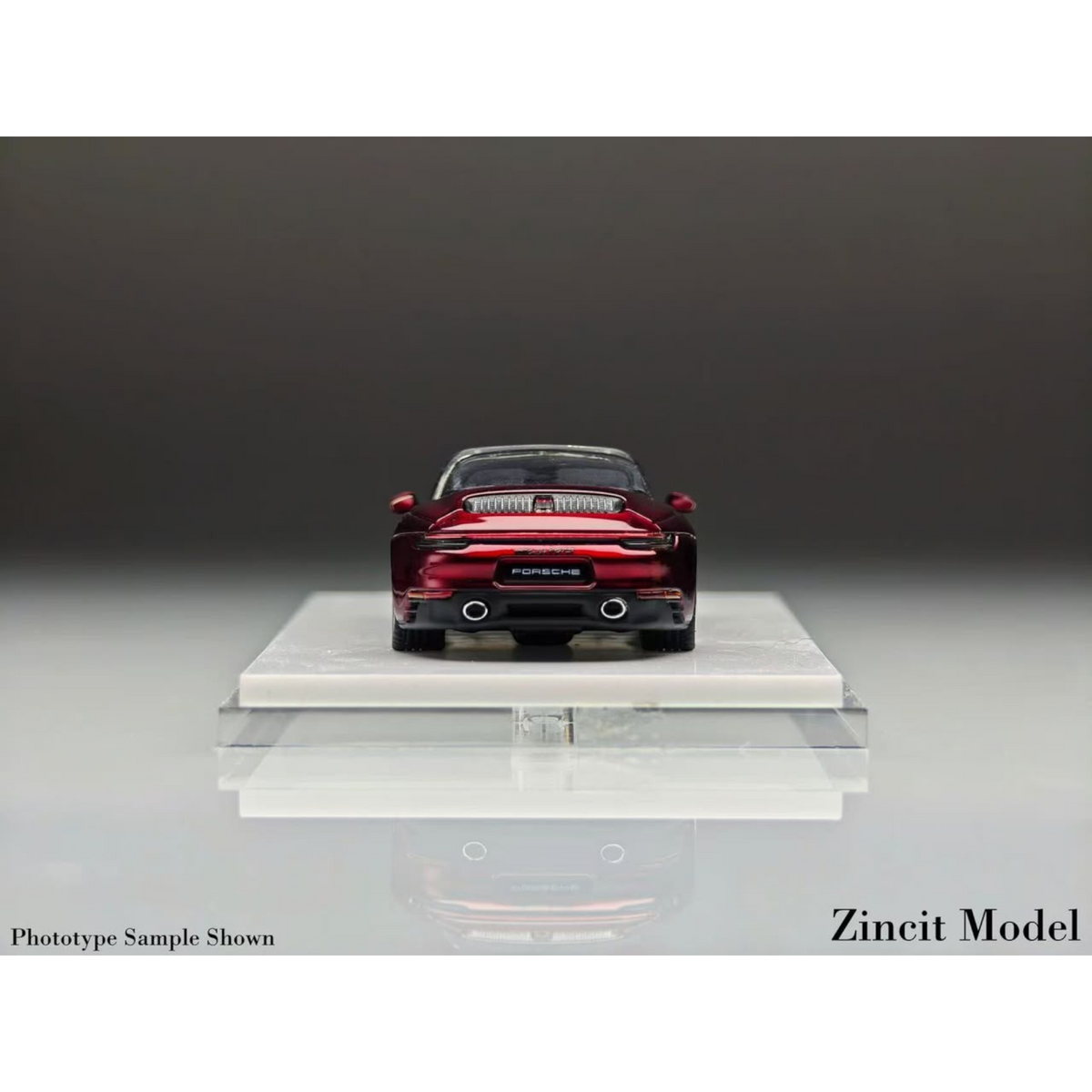 Lot57Supplies Diecast Shop Zincit Model 992Targa in Dragon Blood Red, 1:64 scale diecast car, rear view on display