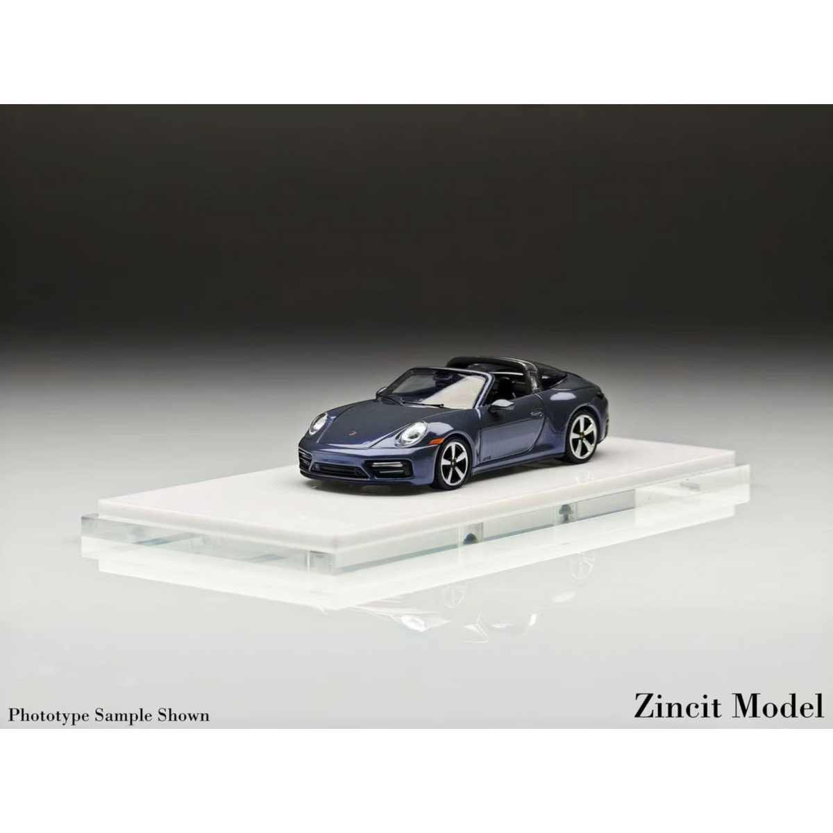 Lot57Supplies Diecast Shop Zincit Model 992Targa in Shark Grey, a 1:64 scale diecast collectible car on a display base