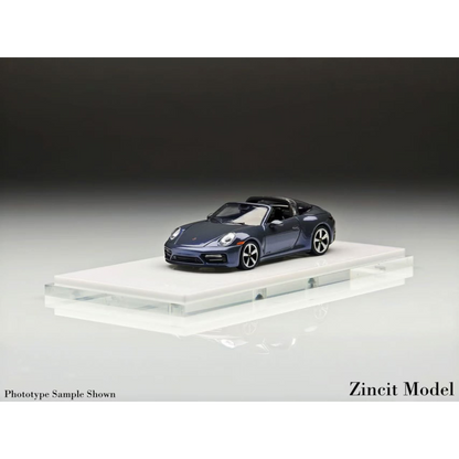 Lot57Supplies Diecast Shop Zincit Model 992Targa in Shark Grey, a 1:64 scale diecast collectible car on a display base