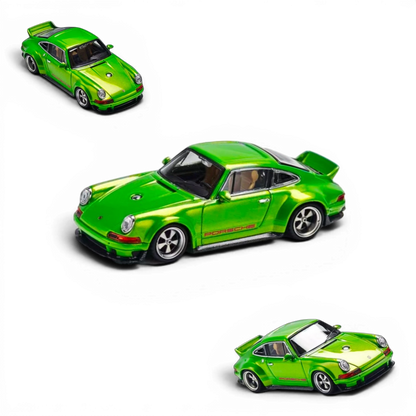 Lot57Supplies Diecast Shop Zincit 1:64 scale metallic apple green Singer DLS diecast model car on black background.