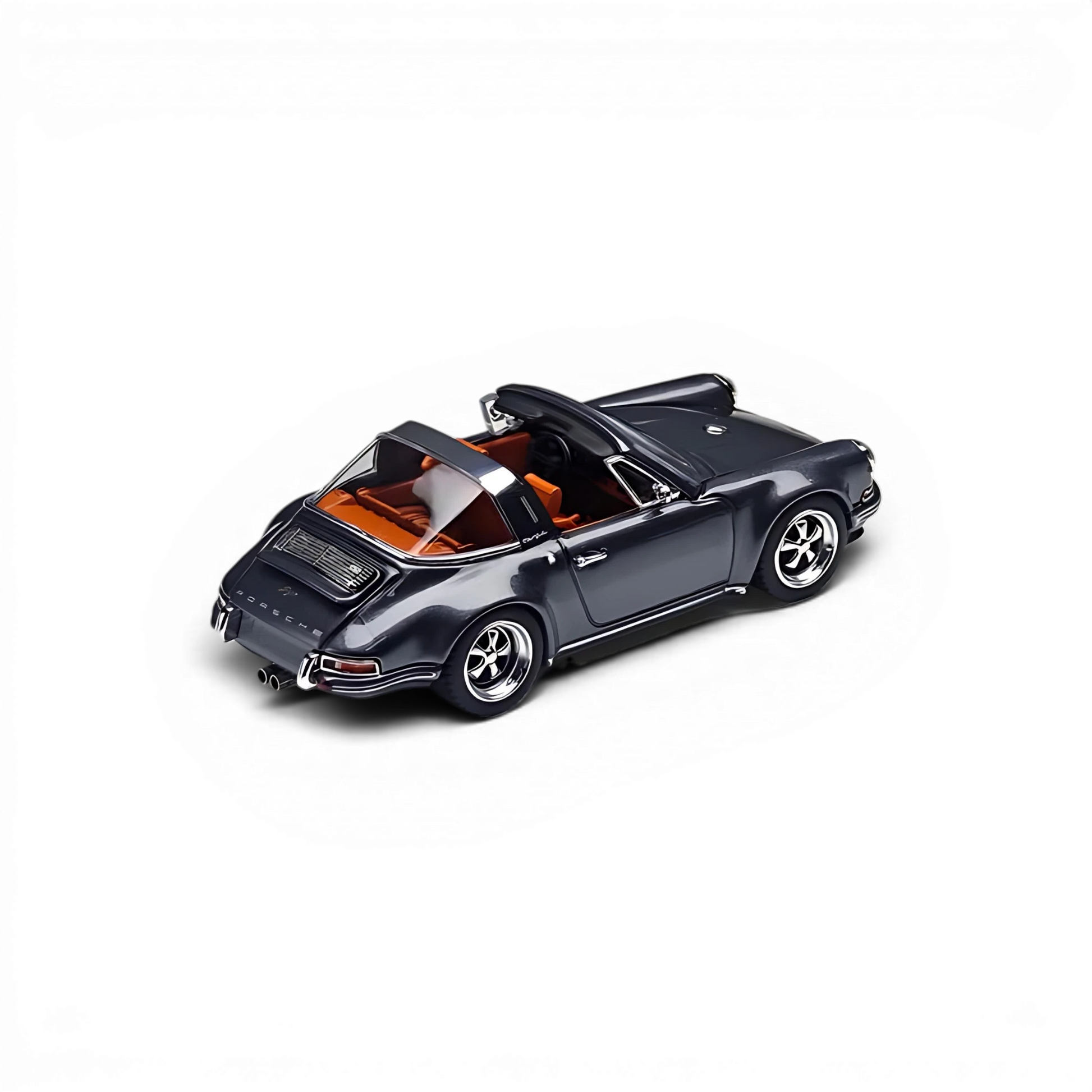 Lot57Supplies Diecast Shop Zincit Model 1:64 scale metallic dark gray Singer Targa diecast car with orange interior.