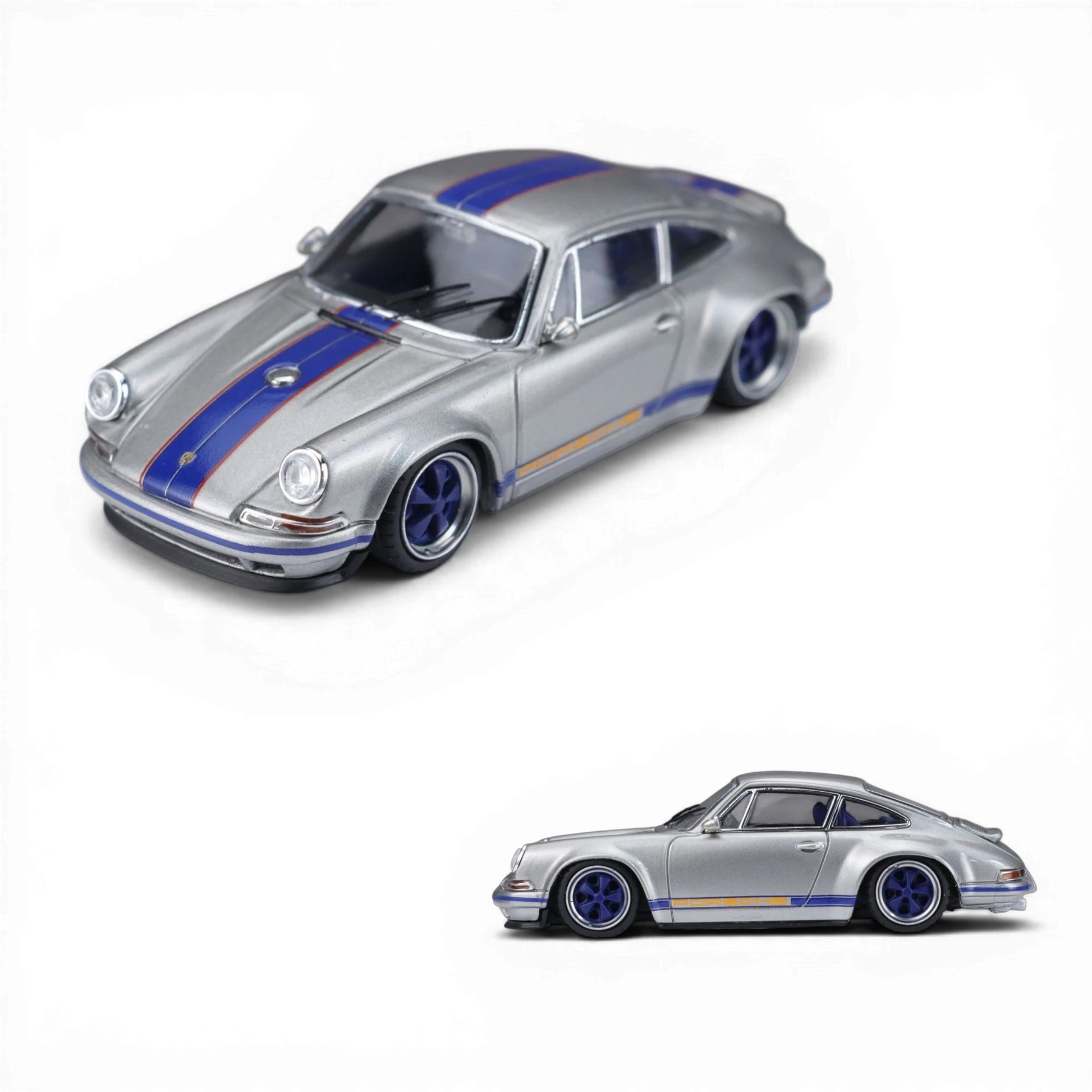 Lot57Supplies Diecast Shop: Silver blue striped 1:64 scale diecast Singer Coupe model car. Limited edition.