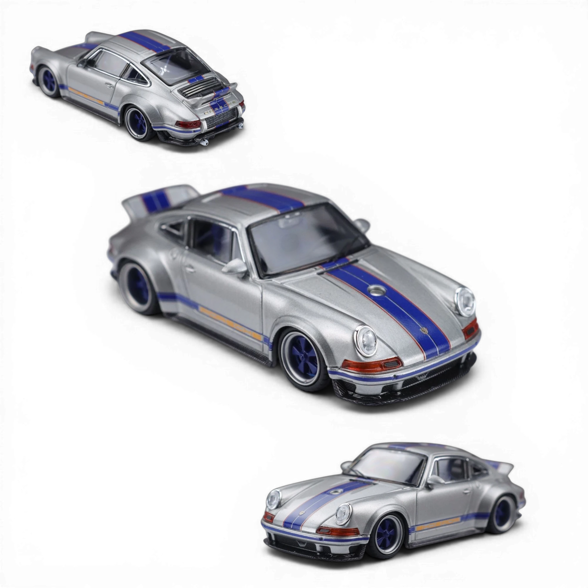Lot57Supplies Diecast Shop Zincit Singer DLS California Silver 1:64 scale diecast model car with blue racing stripes.