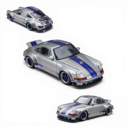 Lot57Supplies Diecast Shop Zincit Singer DLS California Silver 1:64 scale diecast model car with blue racing stripes.