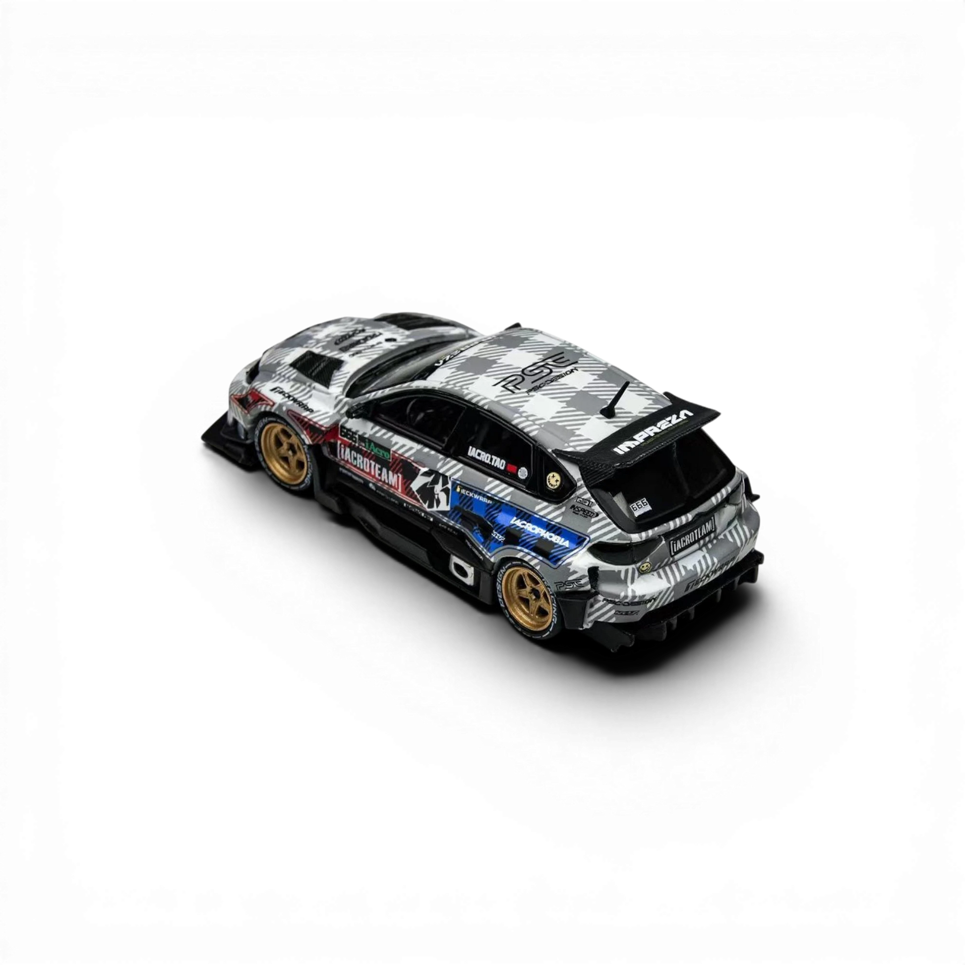 Lot57Supplies Diecast Shop: 1:64 scale TimeMicro x PSC Design Subaru Impreza Raider diecast model with grey, black, and white checkered livery.