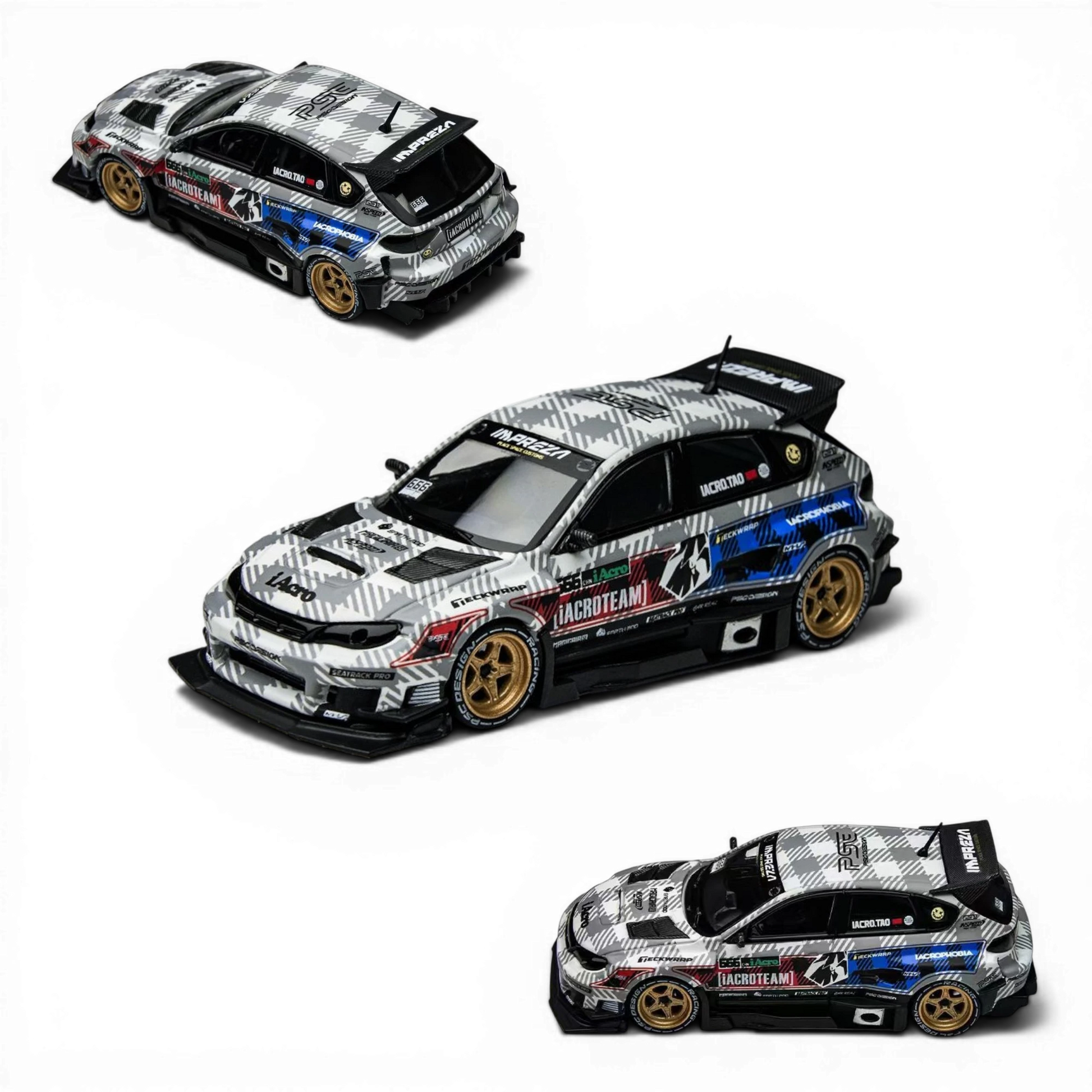Lot57Supplies Diecast Shop: 1:64 scale diecast model of Subaru Impreza Raider with grey plaid livery and gold wheels.