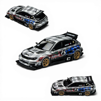 Lot57Supplies Diecast Shop: 1:64 scale diecast model of Subaru Impreza Raider with grey plaid livery and gold wheels.