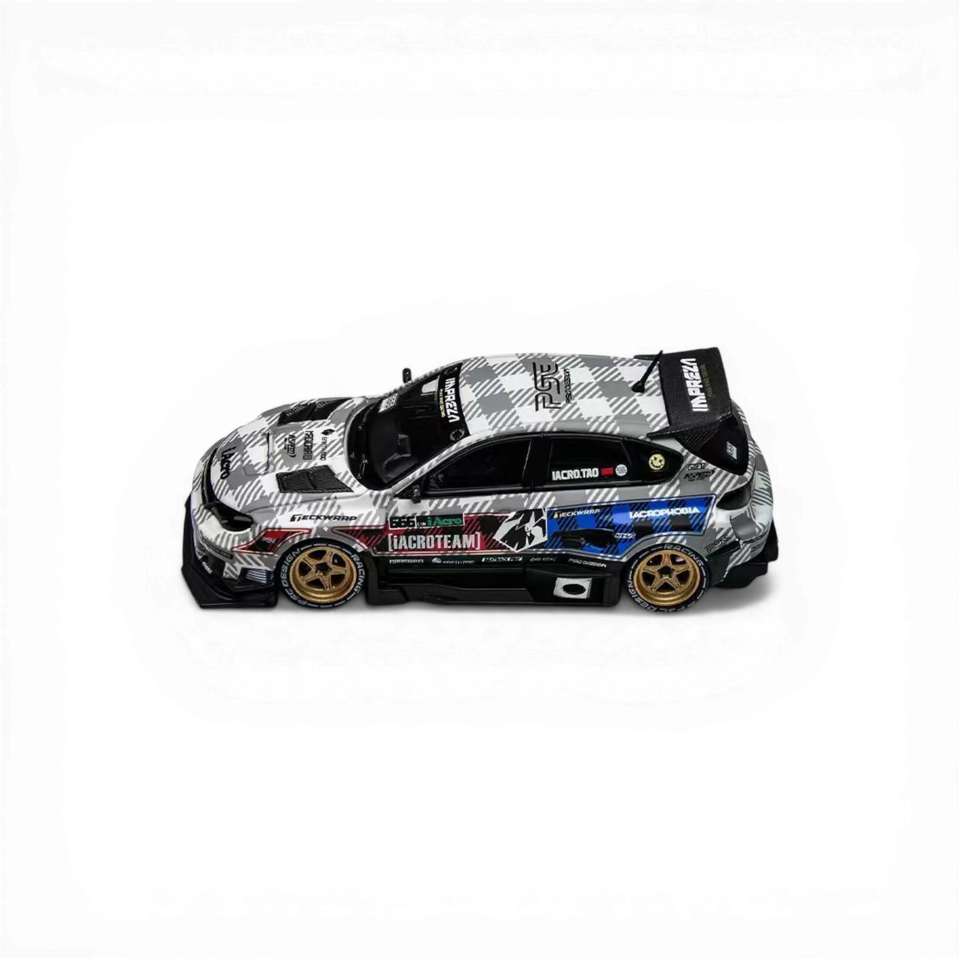 Lot57Supplies Diecast Shop: 1:64 scale TimeMicro x PSC Design Subaru Impreza Raider diecast model with grey and white checkered livery and gold wheels.