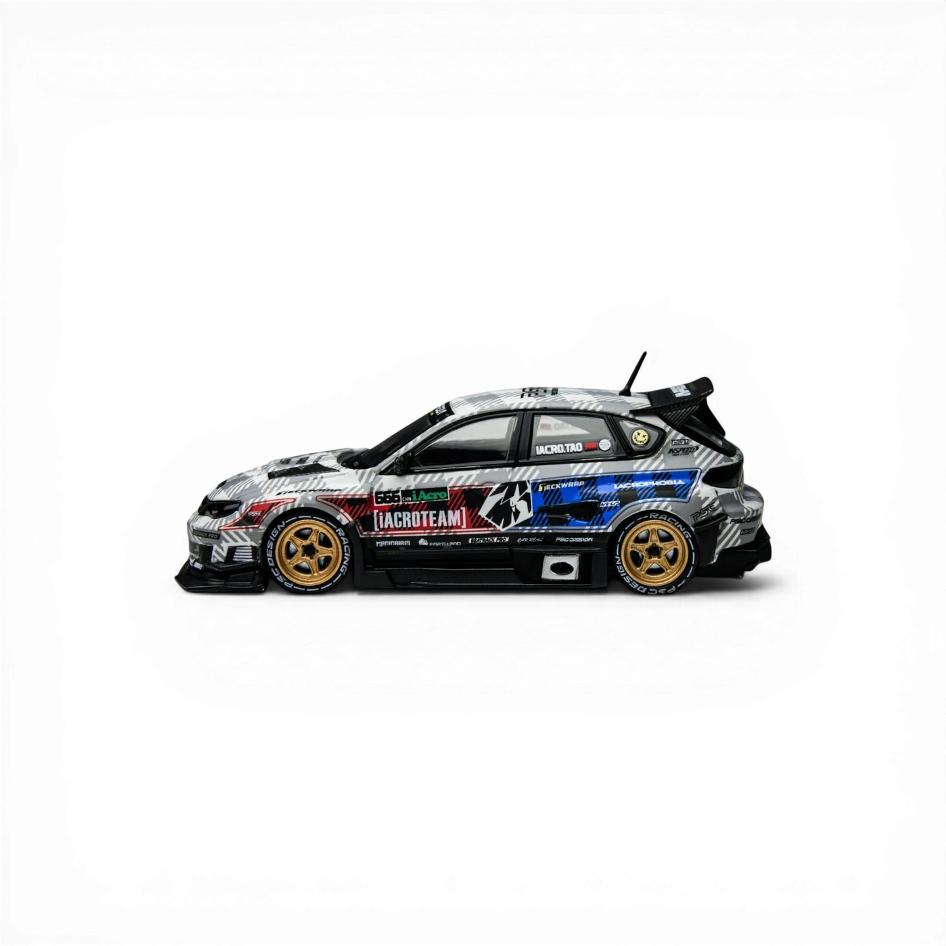 Lot57Supplies Diecast Shop TimeMicro x PSC Design Subaru Impreza Raider 1:64 scale diecast model car with intricate livery and gold wheels.