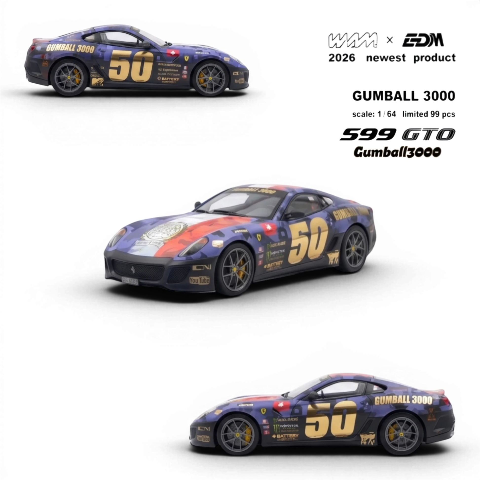 Lot57Supplies Diecast Shop WAM x EDM 1:64 scale resin Ferrari 599 GTO in Gumball 3000 livery with matte finish and gold decals.