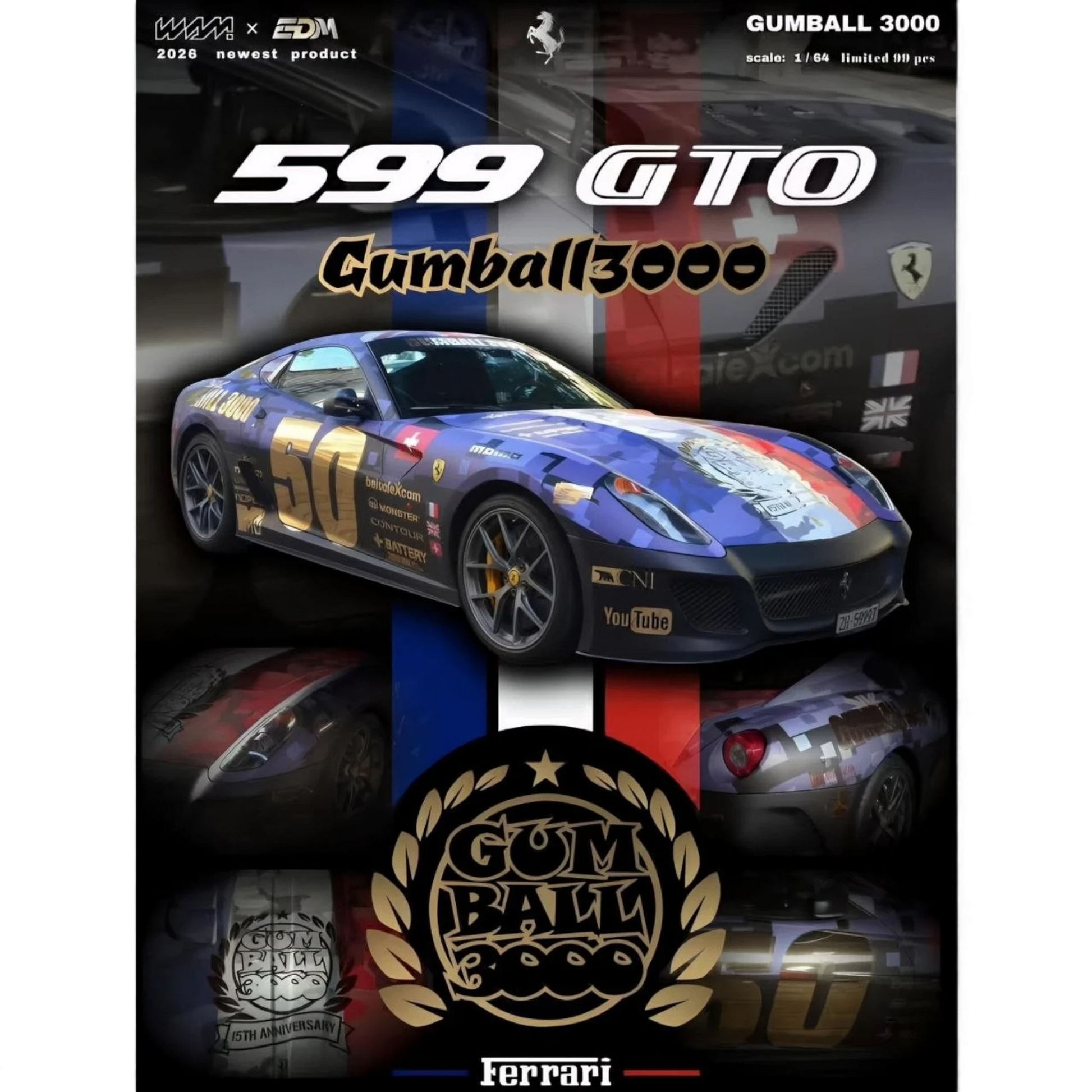 Lot57Supplies Diecast Shop: 1:64 scale resin model of a blue and gold WAM x EDM Ferrari 599 GTO with Gumball 3000 livery.