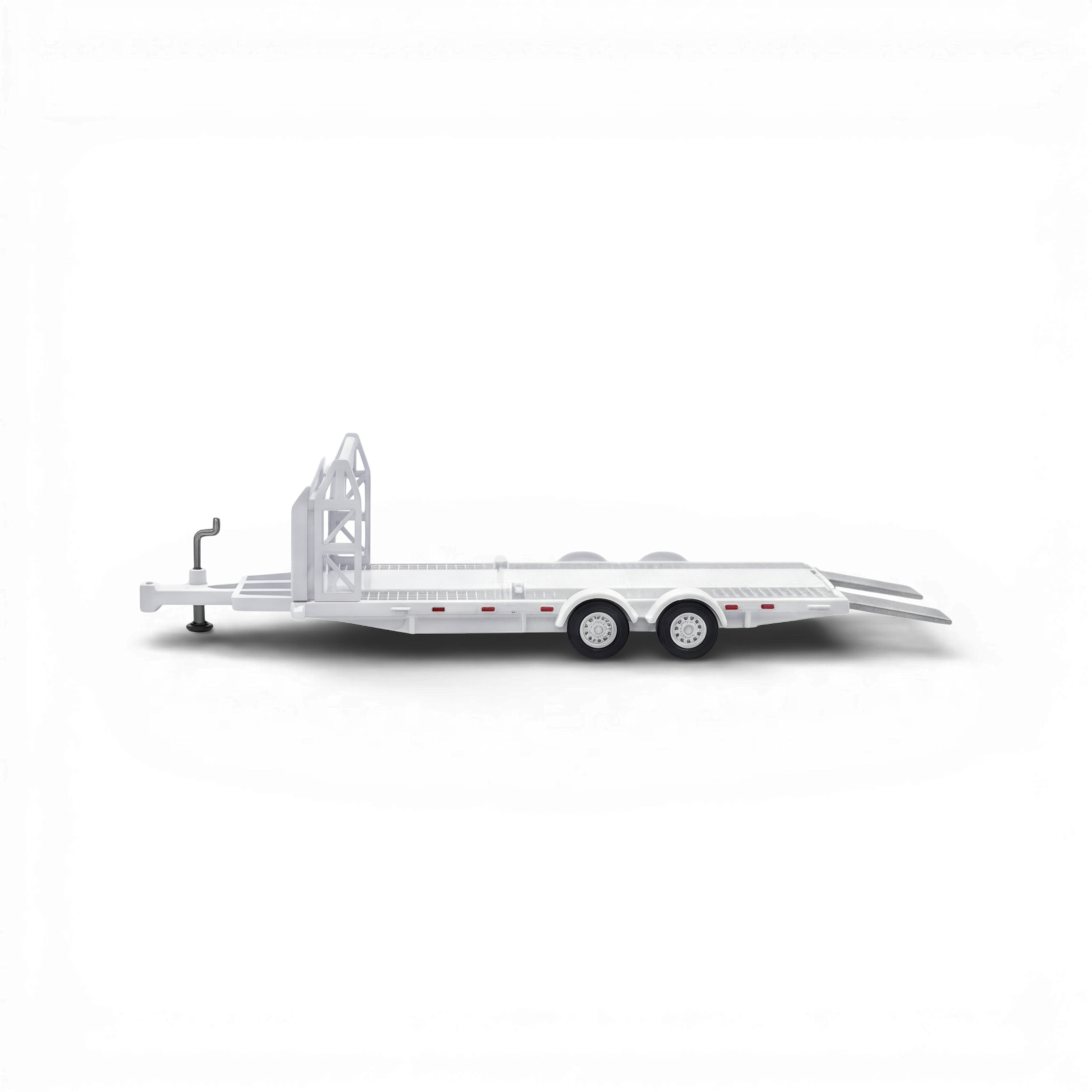 Lot57Supplies Diecast Shop white 1:64 scale Aurora Model car towing trailer with ramps and dual wheels.