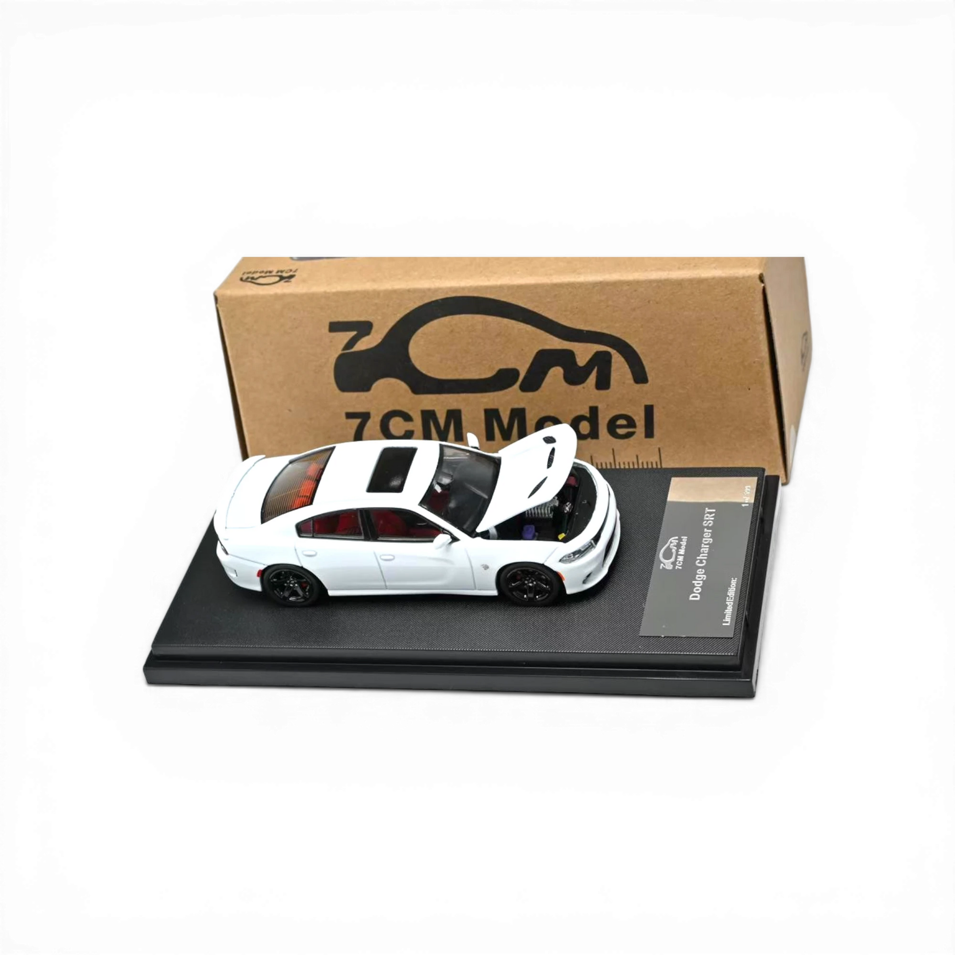 Lot57Supplies Diecast Shop: 1:64 scale white 2023 Dodge Charger SRT Hellcat diecast model with red interior and opening hood.