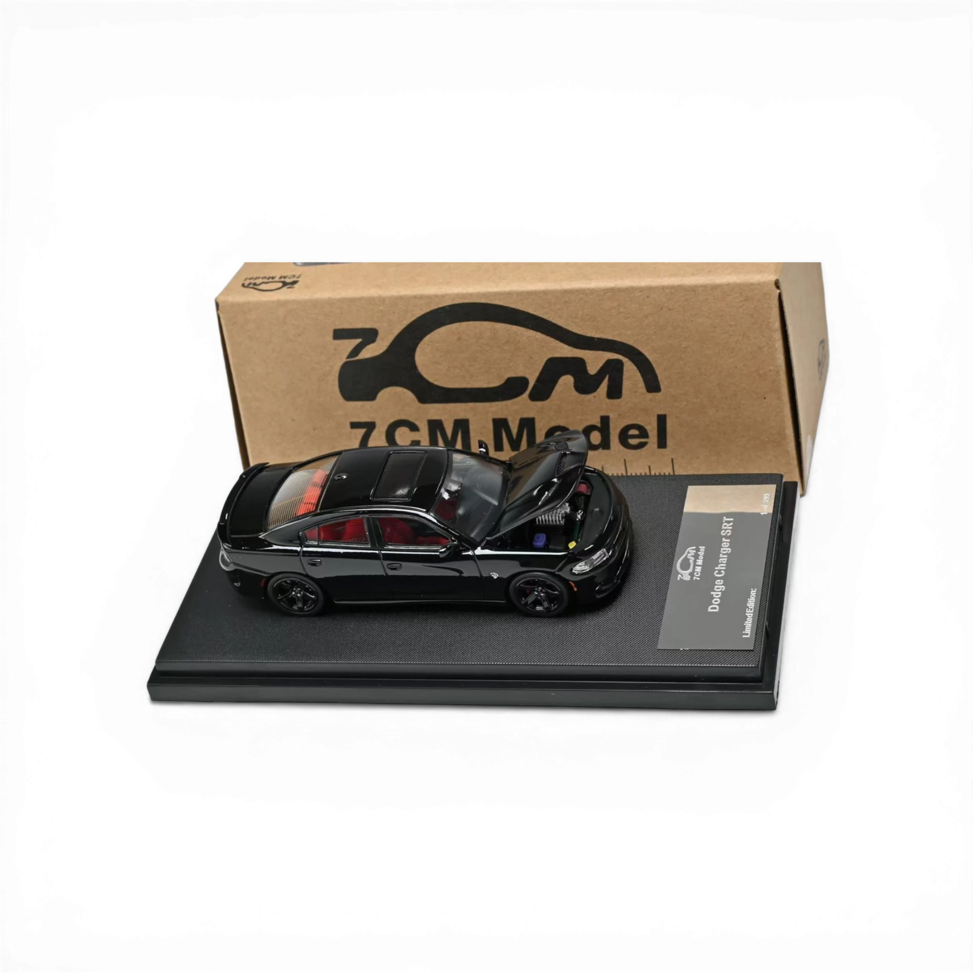 Lot57Supplies Diecast Shop 1:64 scale Pitch Black 2023 Dodge Charger SRT Hellcat model with red interior and detailed engine.