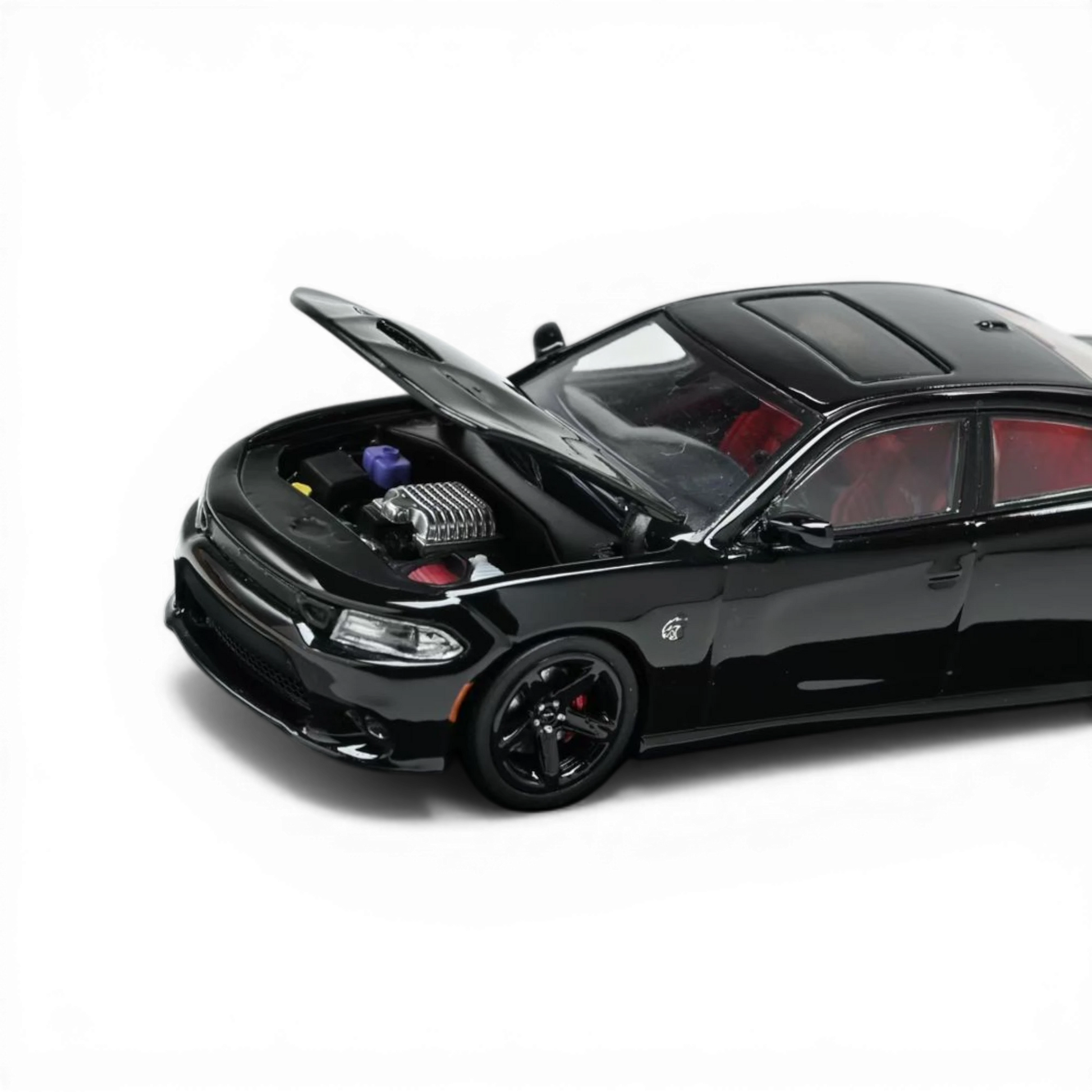 Lot57Supplies Diecast Shop 1:64 scale pitch black 2023 Dodge Charger SRT Hellcat model with red interior and detailed engine.