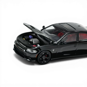 Lot57Supplies Diecast Shop 1:64 scale pitch black 2023 Dodge Charger SRT Hellcat model with red interior and detailed engine.