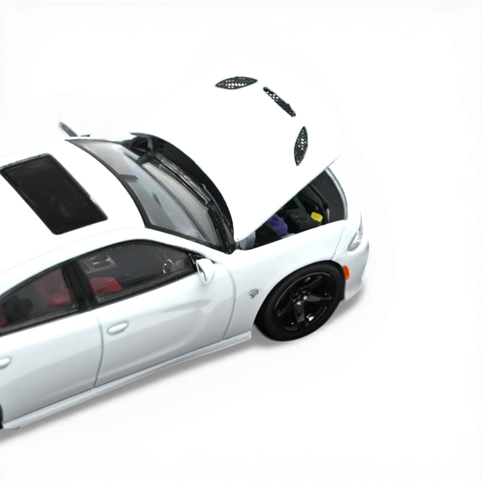Lot57Supplies Diecast Shop 1:64 scale white 2023 Dodge Charger SRT Hellcat model with hood open, showing engine detail.
