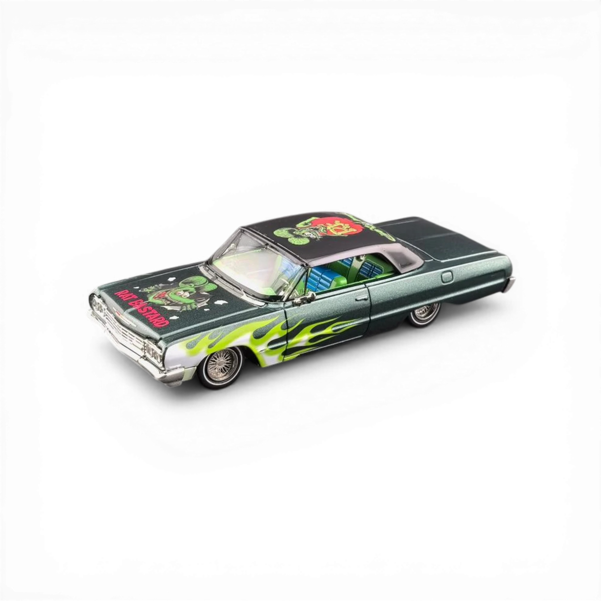 Lot57Supplies Diecast Shop 1:64 scale emerald green 1964 Chevrolet Impala lowrider with flames and Fink Mouse graphics.