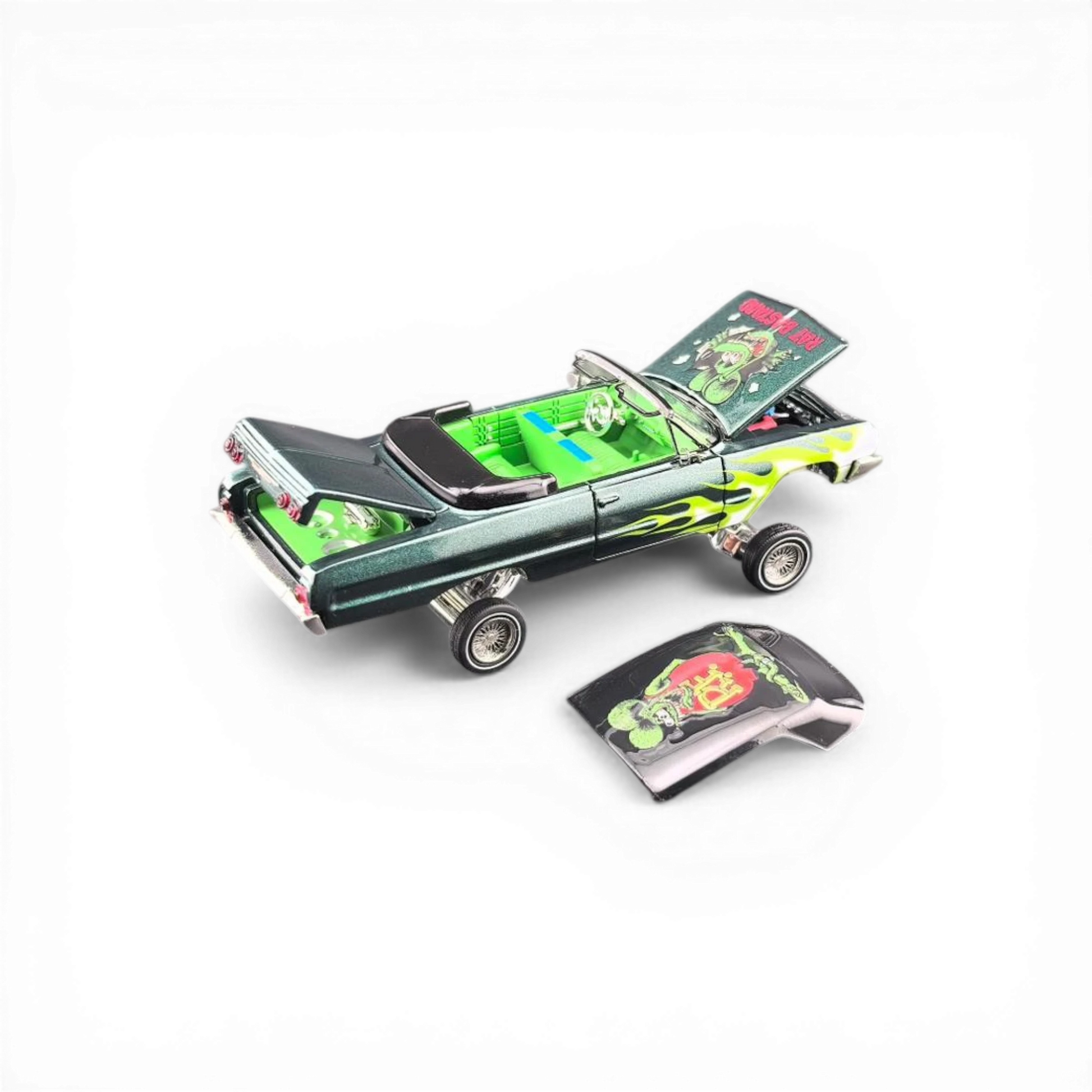 Lot57Supplies Diecast Shop 1:64 scale emerald green Chevrolet Impala convertible with green flames and Fink Mouse graphics. Features opening hood and trunk.