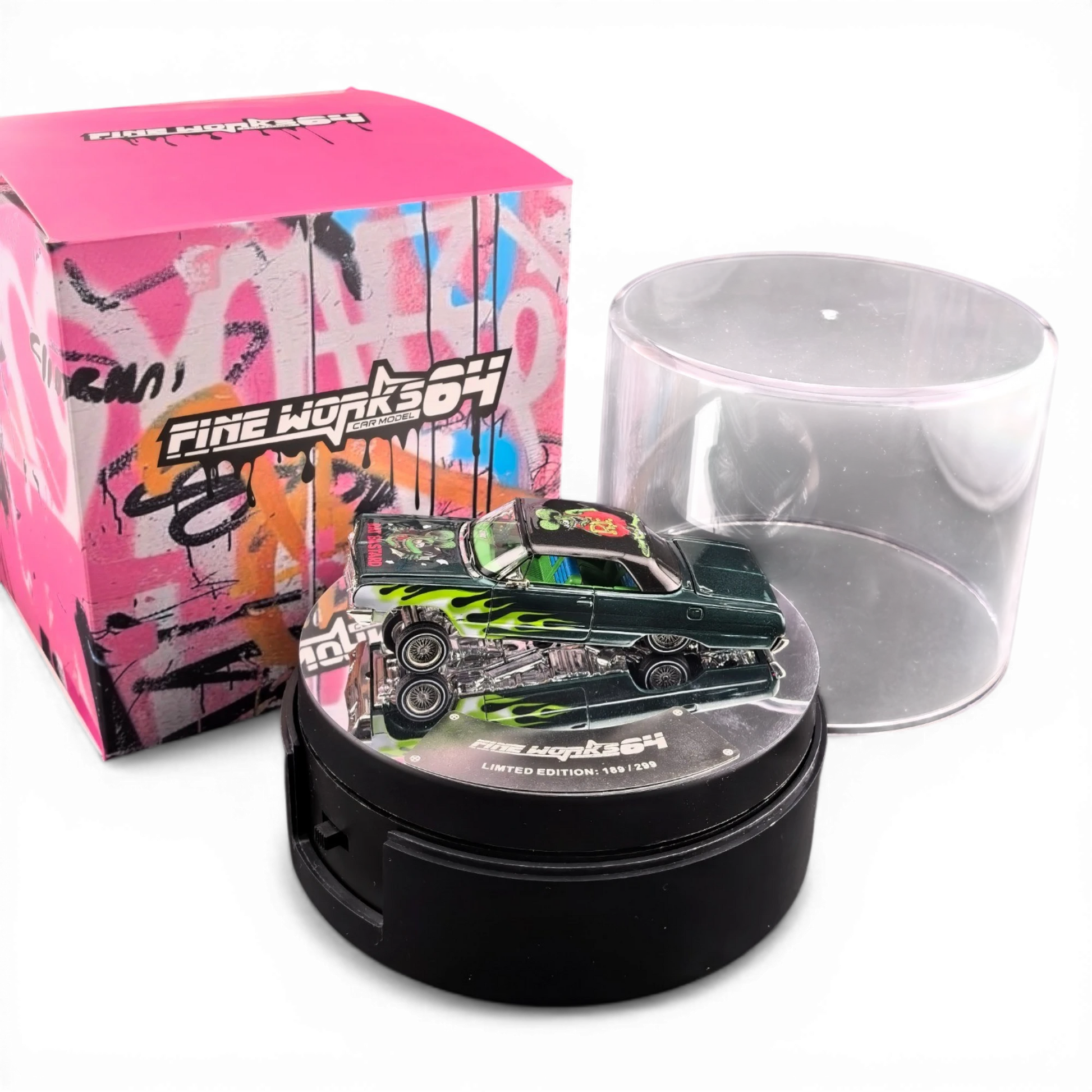 Lot57Supplies Diecast Shop: Emerald green 1:64 scale diecast Chevrolet Impala West Coast Bouncing Car with flame graphics.